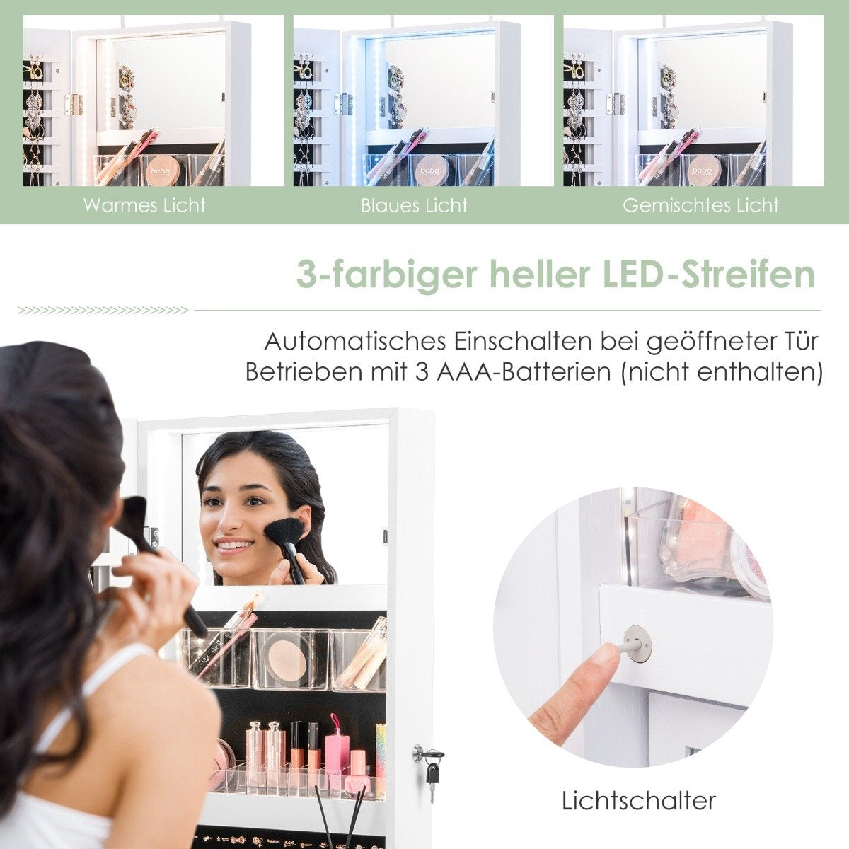 Jewelry cabinet with full-length mirror & 3-color lights on the wall/door white