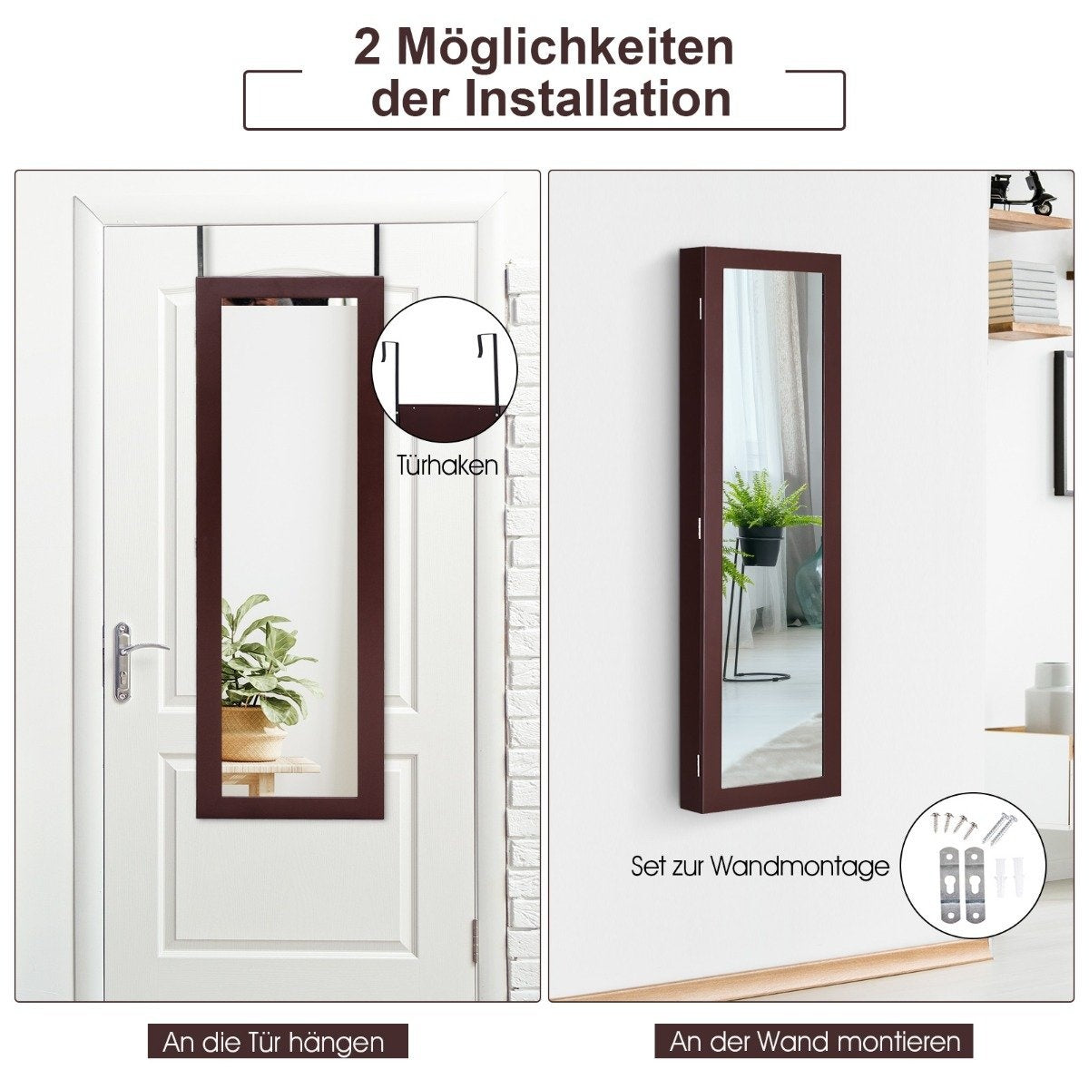 Jewelry cabinet with full-length mirror and built-in brown makeup mirror