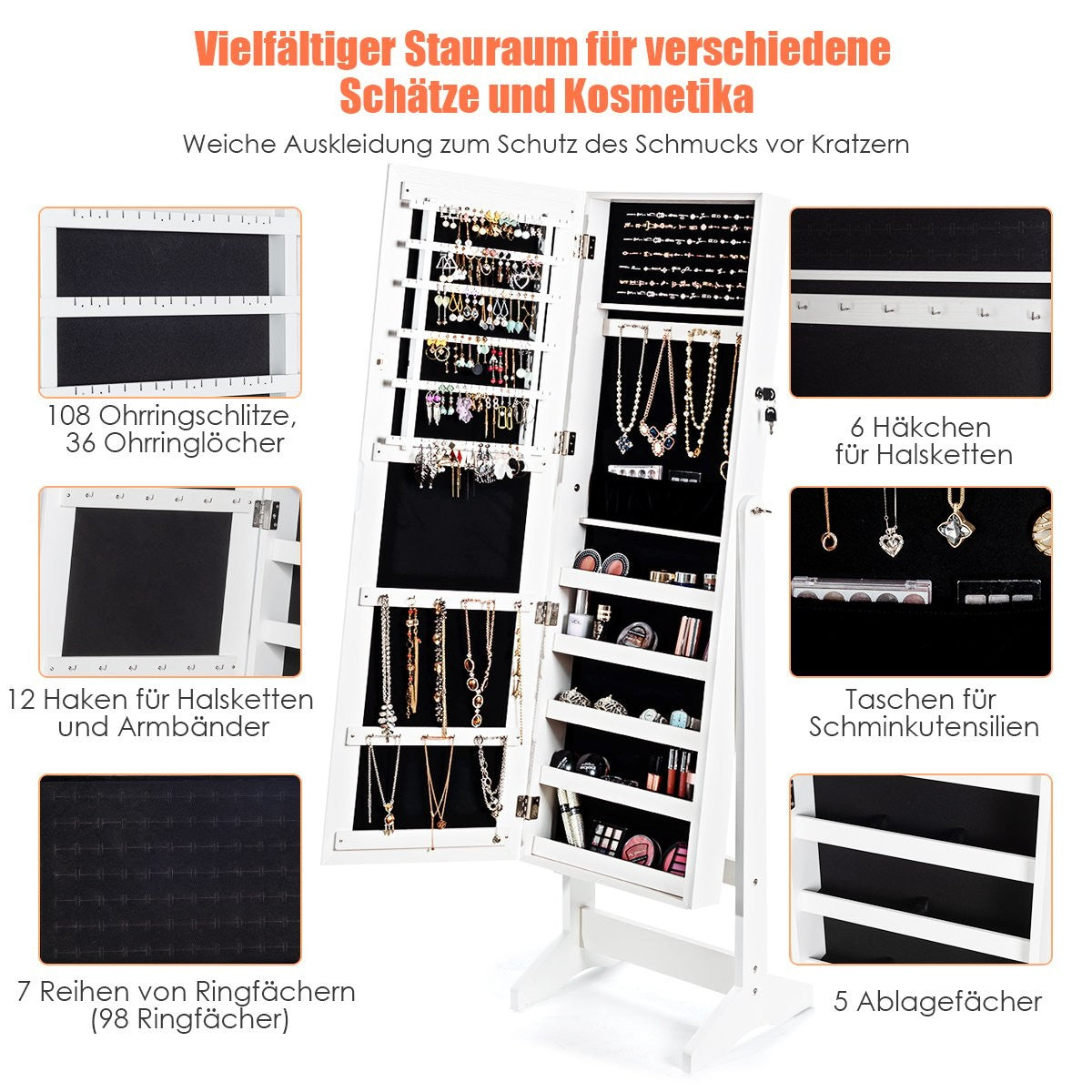 Jewelry cabinet with full-length mirror jewelry stand 41 x 36.5 x 146 cm white