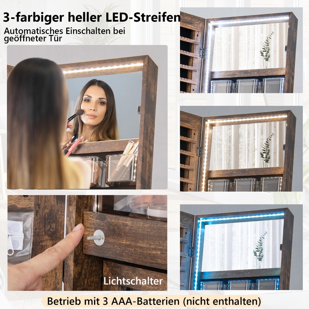 Jewelry cabinet with mirror & 3-color LED lighting 41.5 x 37 x 157 cm Rustic brown