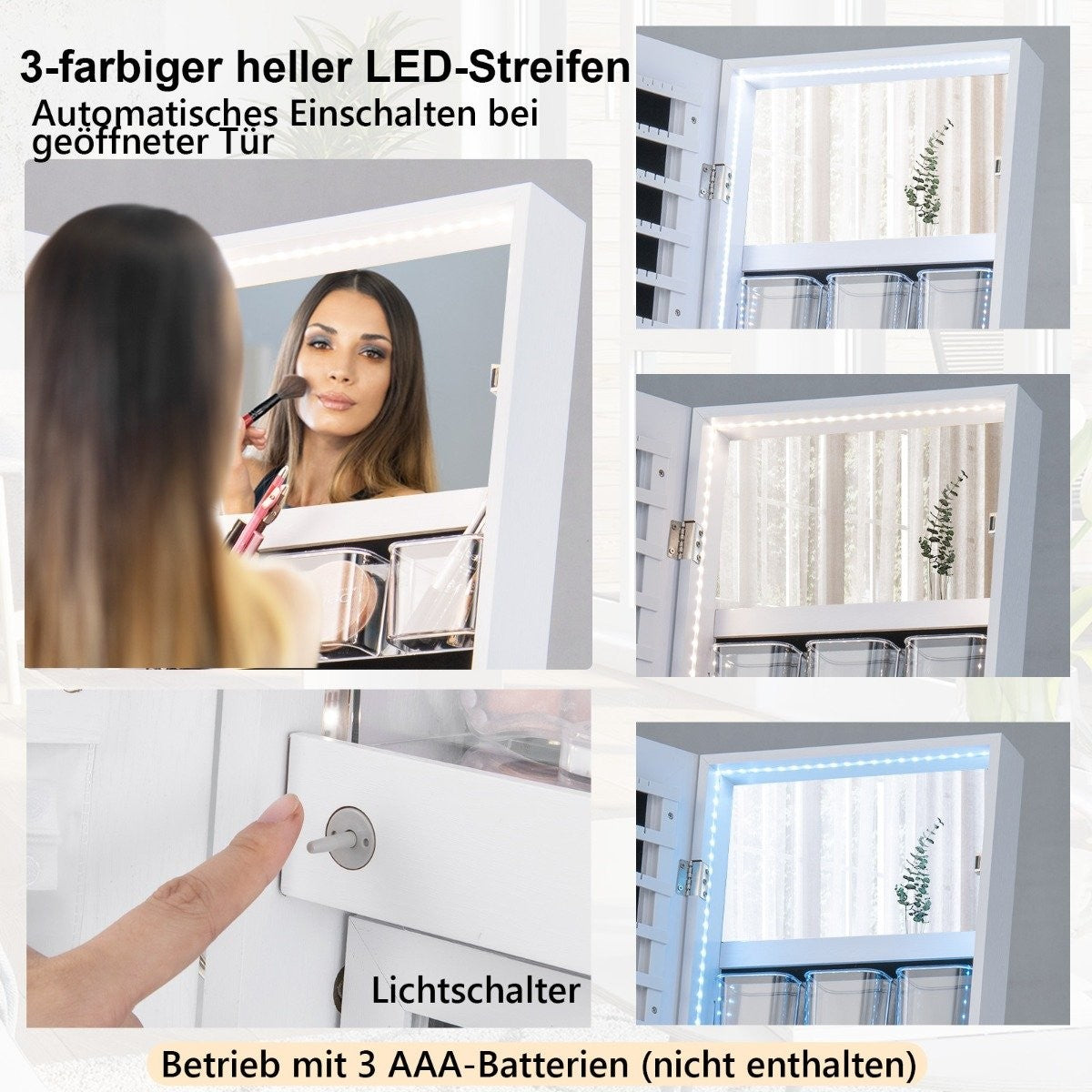 Jewelry cabinet with mirror & 3-color LED lighting 41.5 x 37 x 157 cm white
