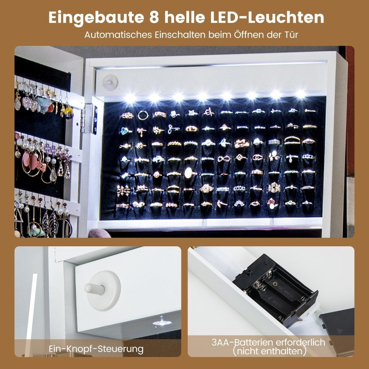 Jewelry cabinet with shelf & full-length mirror & 3 colored LED lights & 2 white drawers