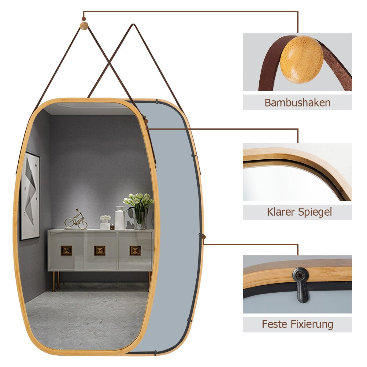 Jewelry mirror with bamboo frame and adjustable leather strap 77 x 44 x 1.5 cm