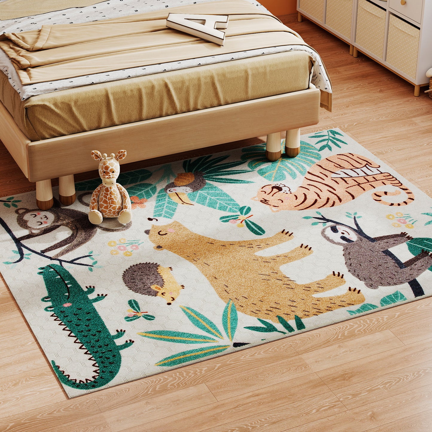 Jungle Pattern Fleece Rug, Non-Slip, Cream & Multicolor
