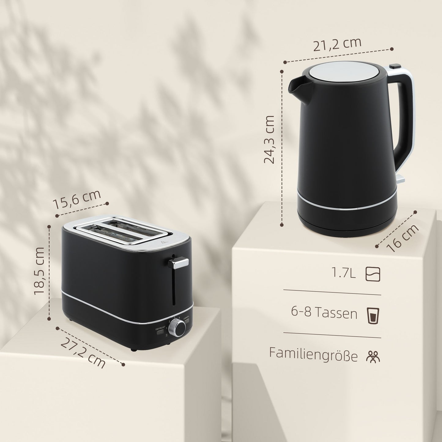 Kettle and Toaster Set - 2200W, 1.7L, 6 Levels Browning, Black