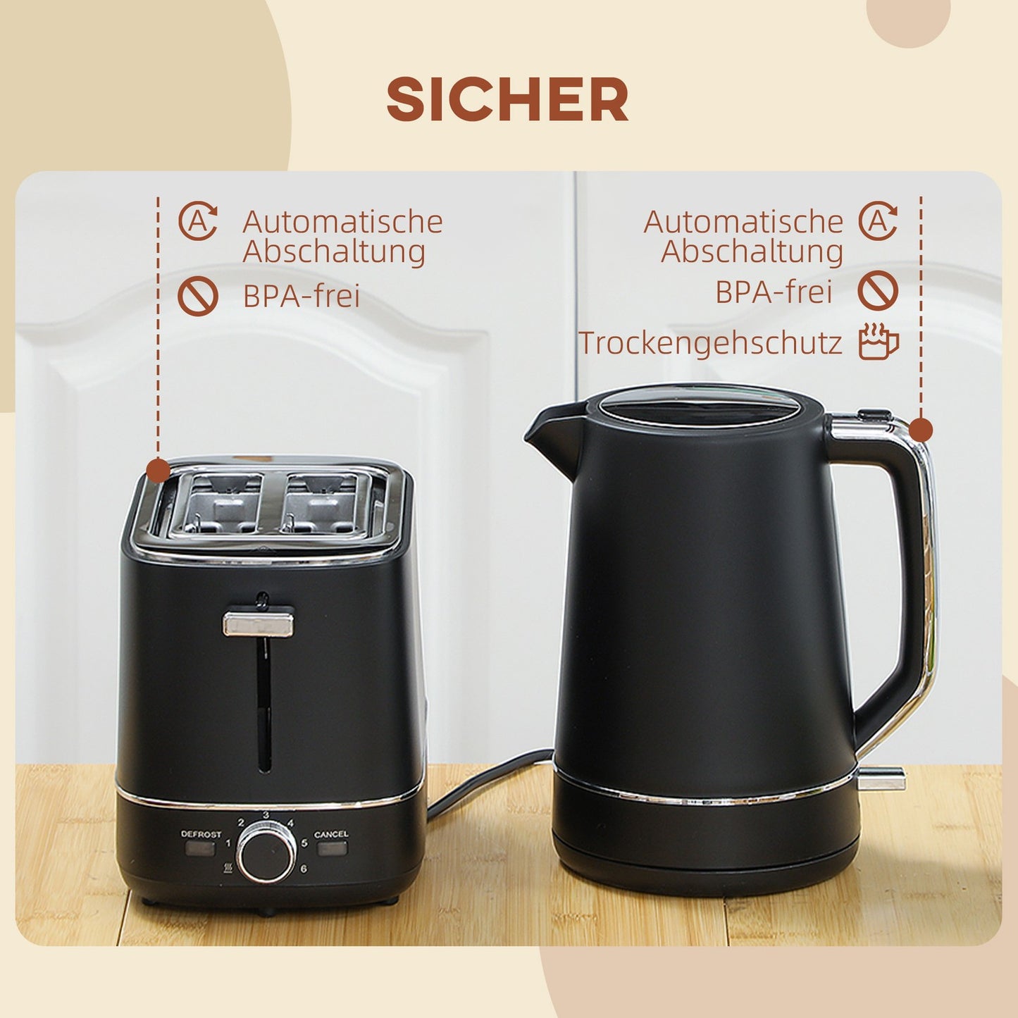 Kettle and Toaster Set - 2200W, 1.7L, 6 Levels Browning, Black