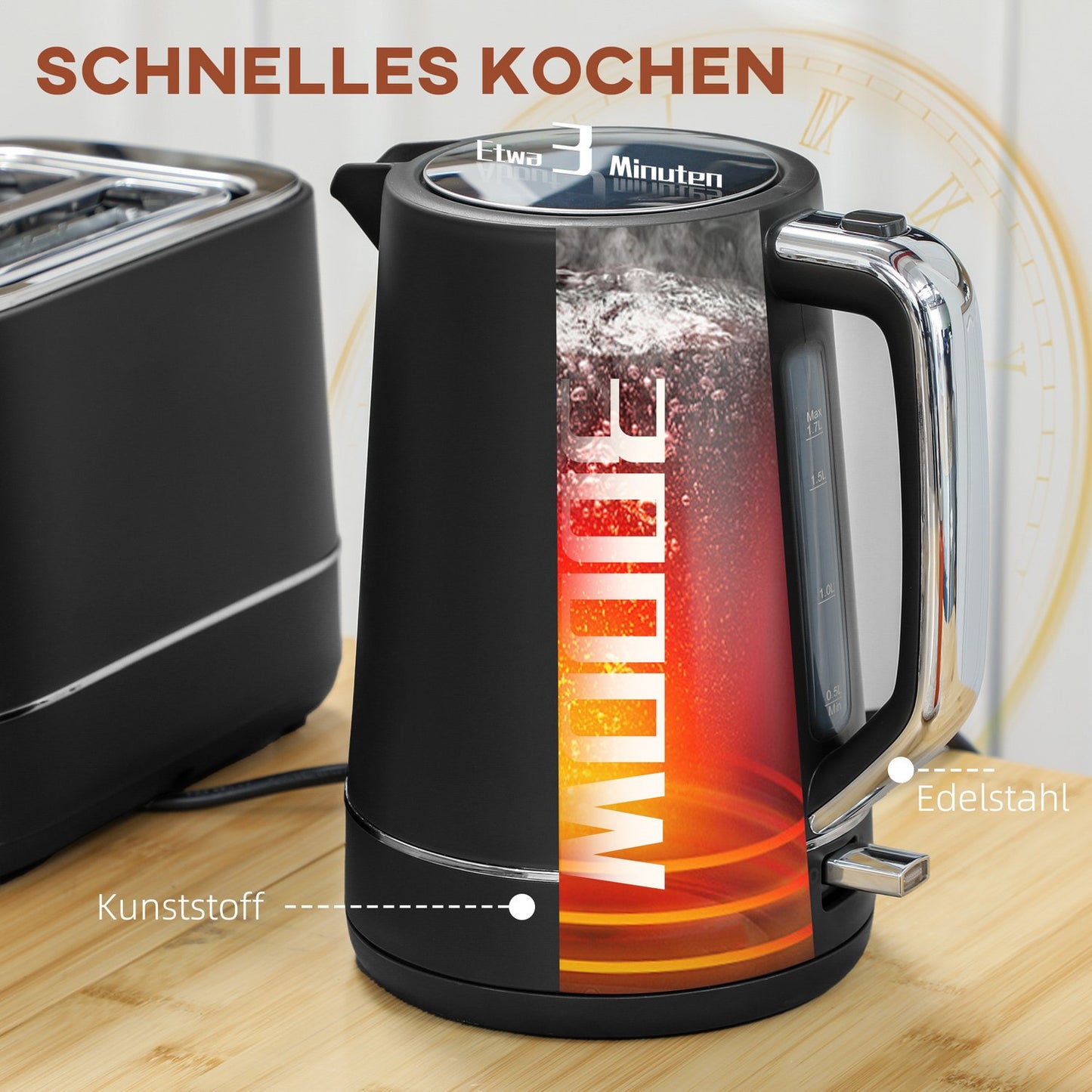 Kettle and Toaster Set - 2200W, 1.7L, 6 Levels Browning, Black