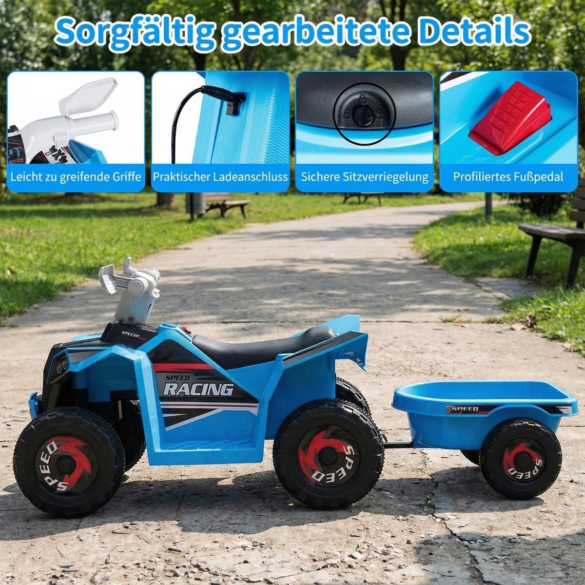 Kids 6V Electric ATV with Trailer, Blue, Durable Wheels