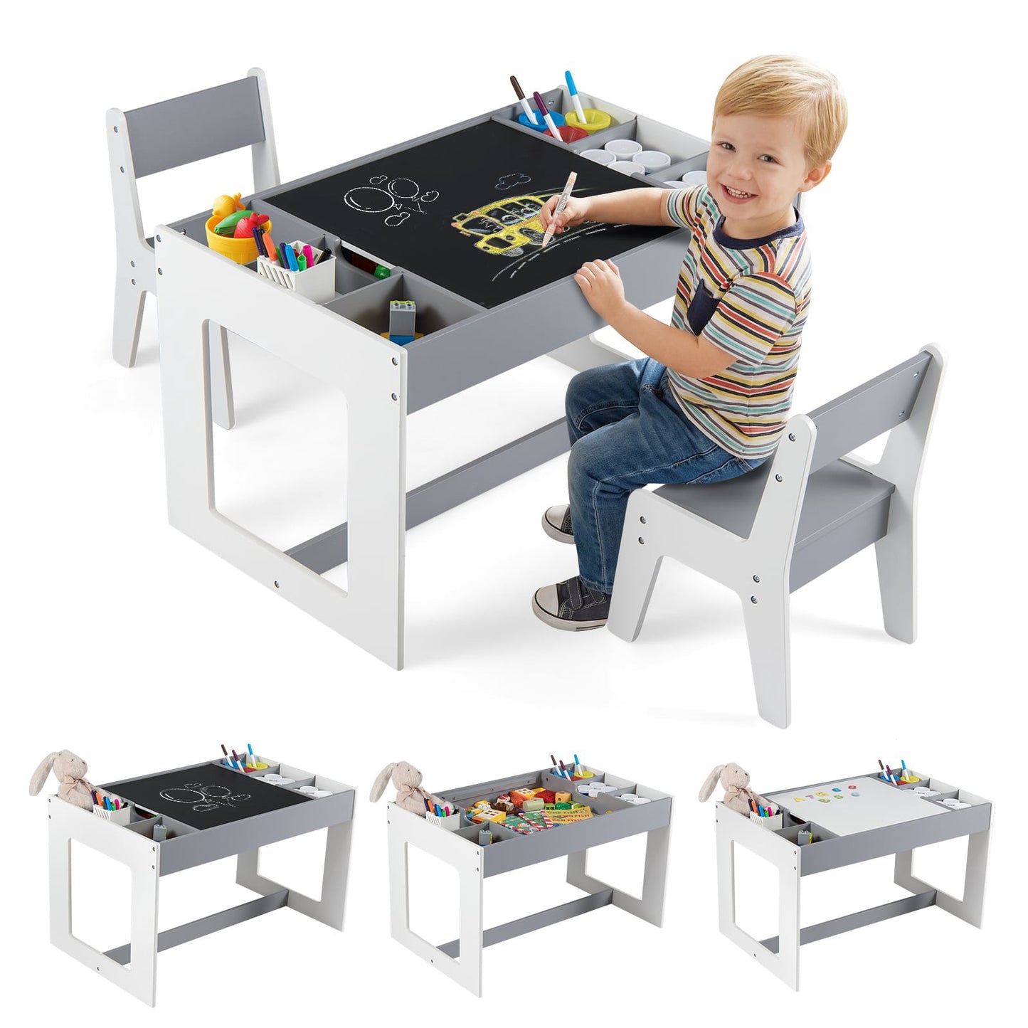 Kids Activity Table Set with 2 Chairs, Double-Sided Top