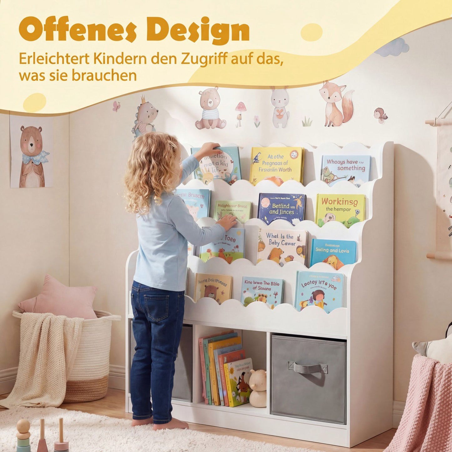 Kids Bookshelf with 2 Fabric Drawers and 4 Shelves