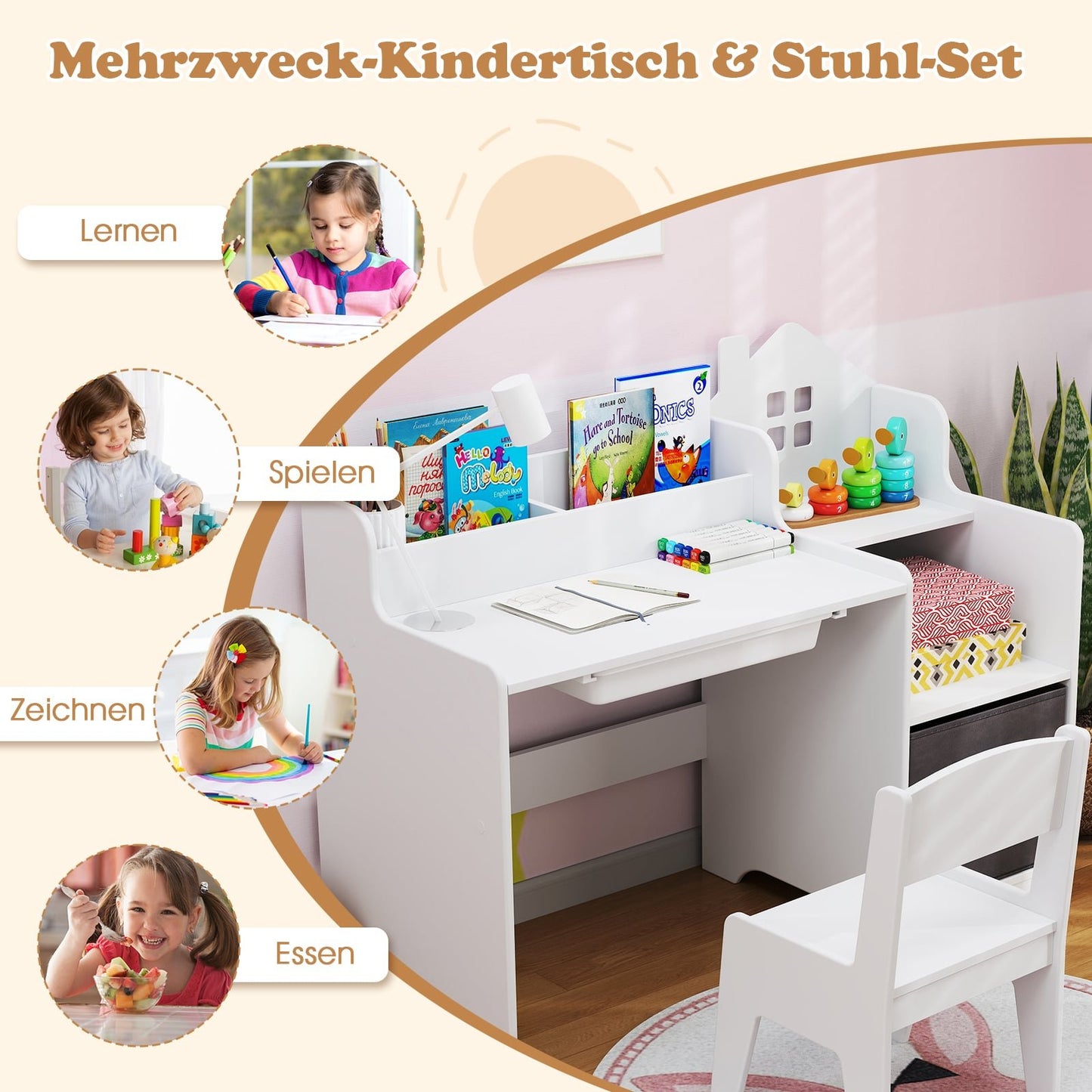 Kids Desk and Chair Set with Shelves and Drawer, White