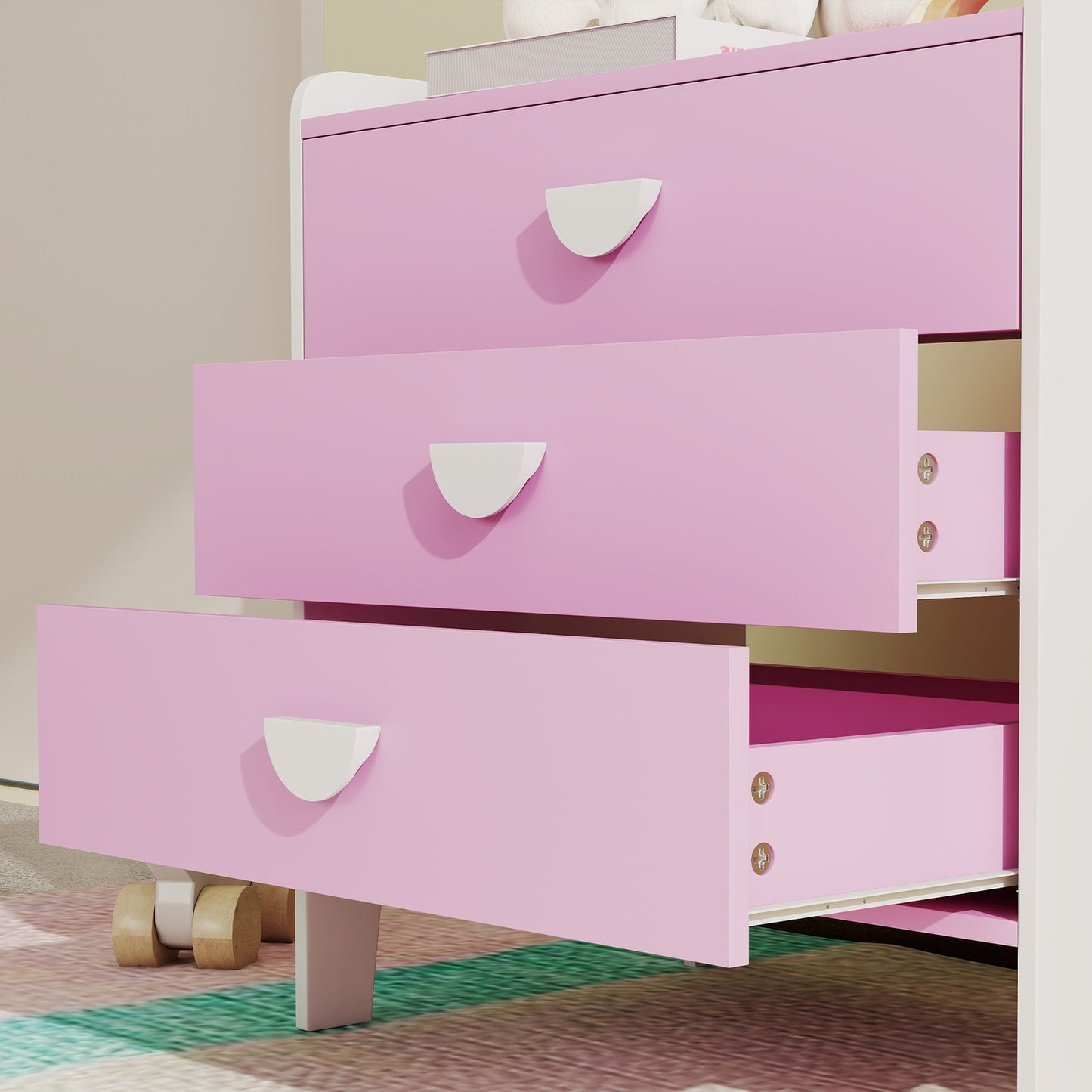Kids' Dresser with 3 Drawers, MDF, Pink and White