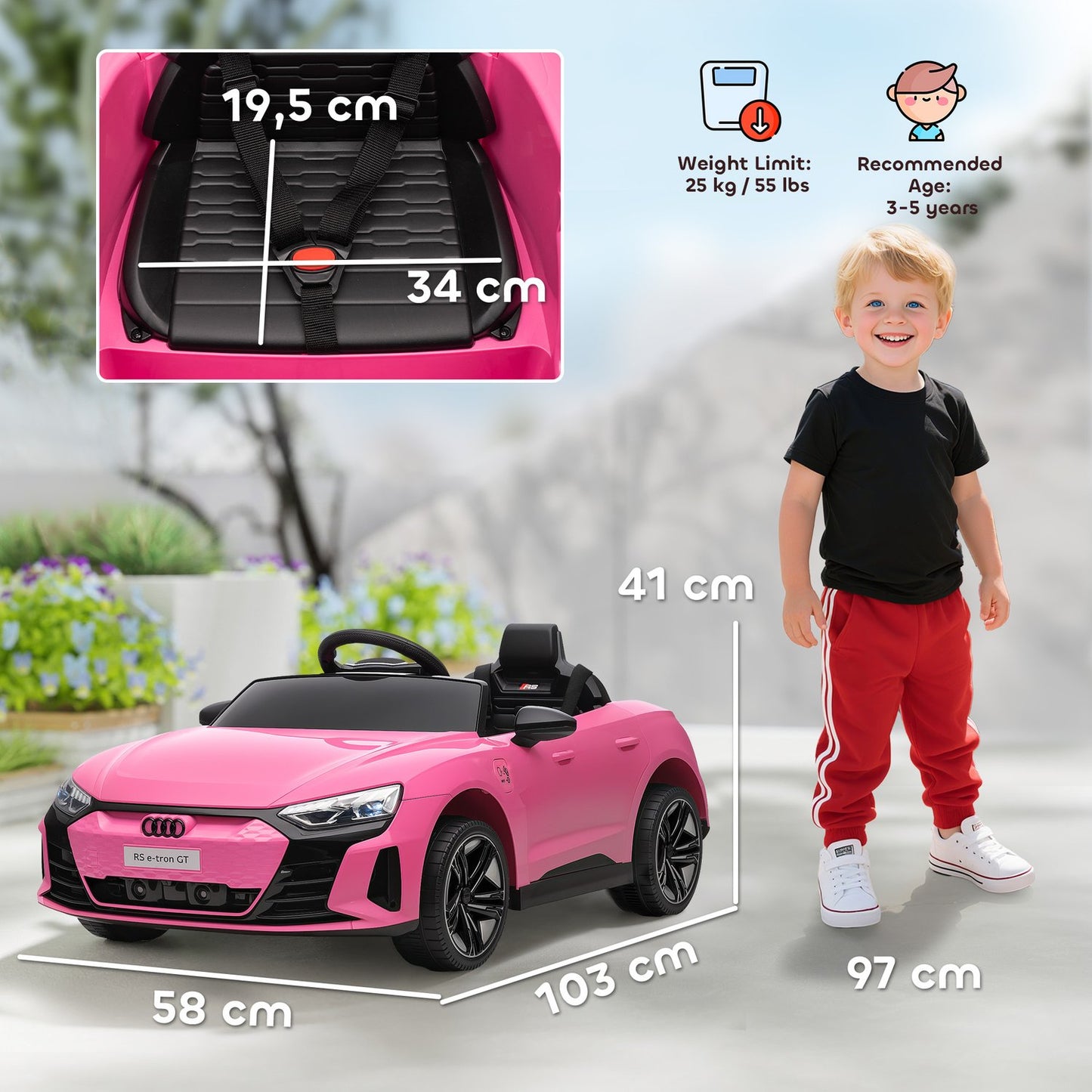 Kids Electric Car with Remote, Seatbelt, Music, Pink, 3-5 Years
