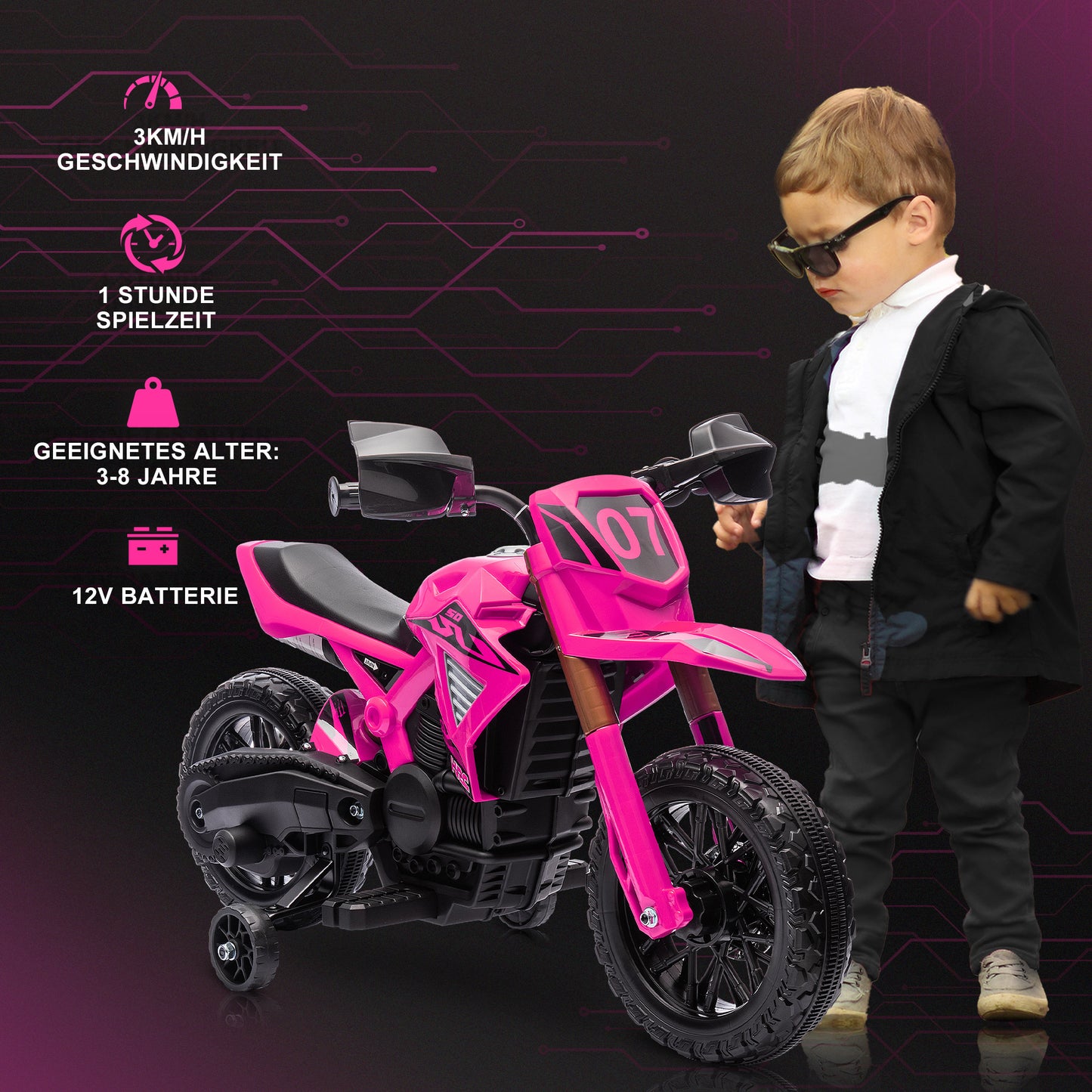 Kids' Electric Motorcycle, 12V, Pink, with Training Wheels