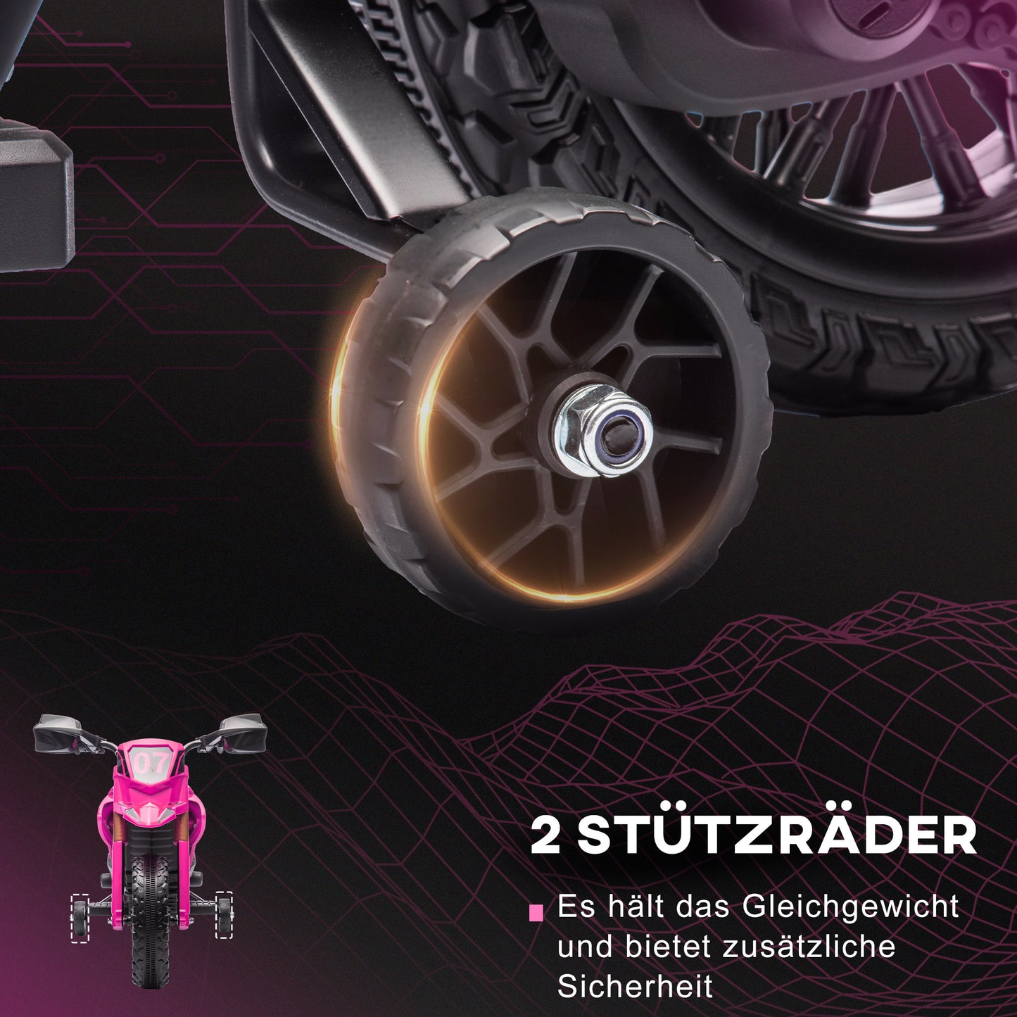 Kids' Electric Motorcycle, 12V, Pink, with Training Wheels