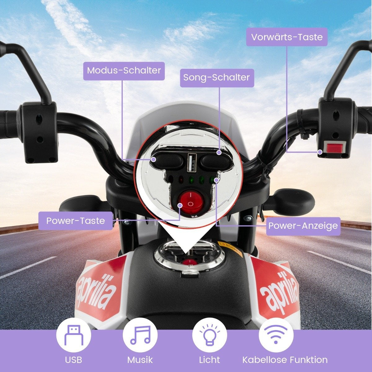 Kids Electric Motorcycle with Training Wheels, Music, 12V Battery