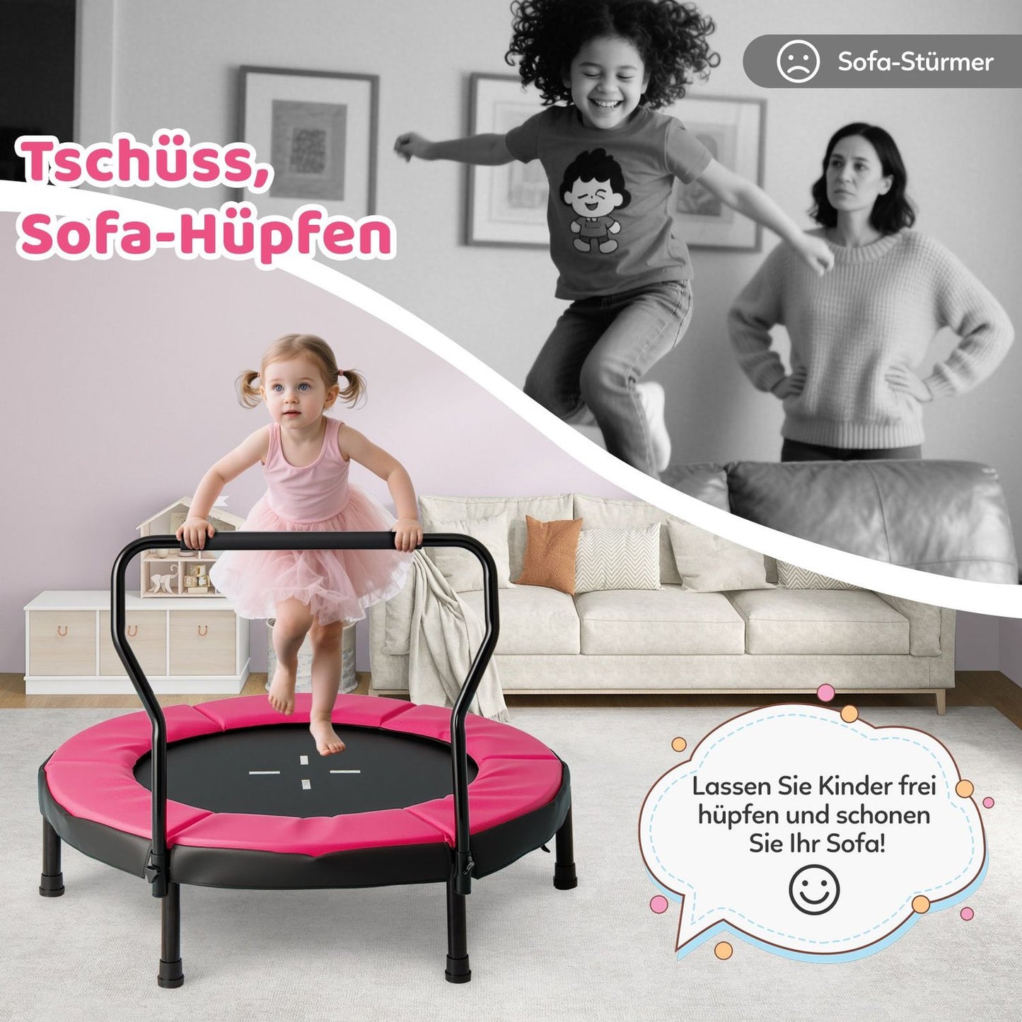Kids Indoor Trampoline with Removable Handle, 102 cm, Pink