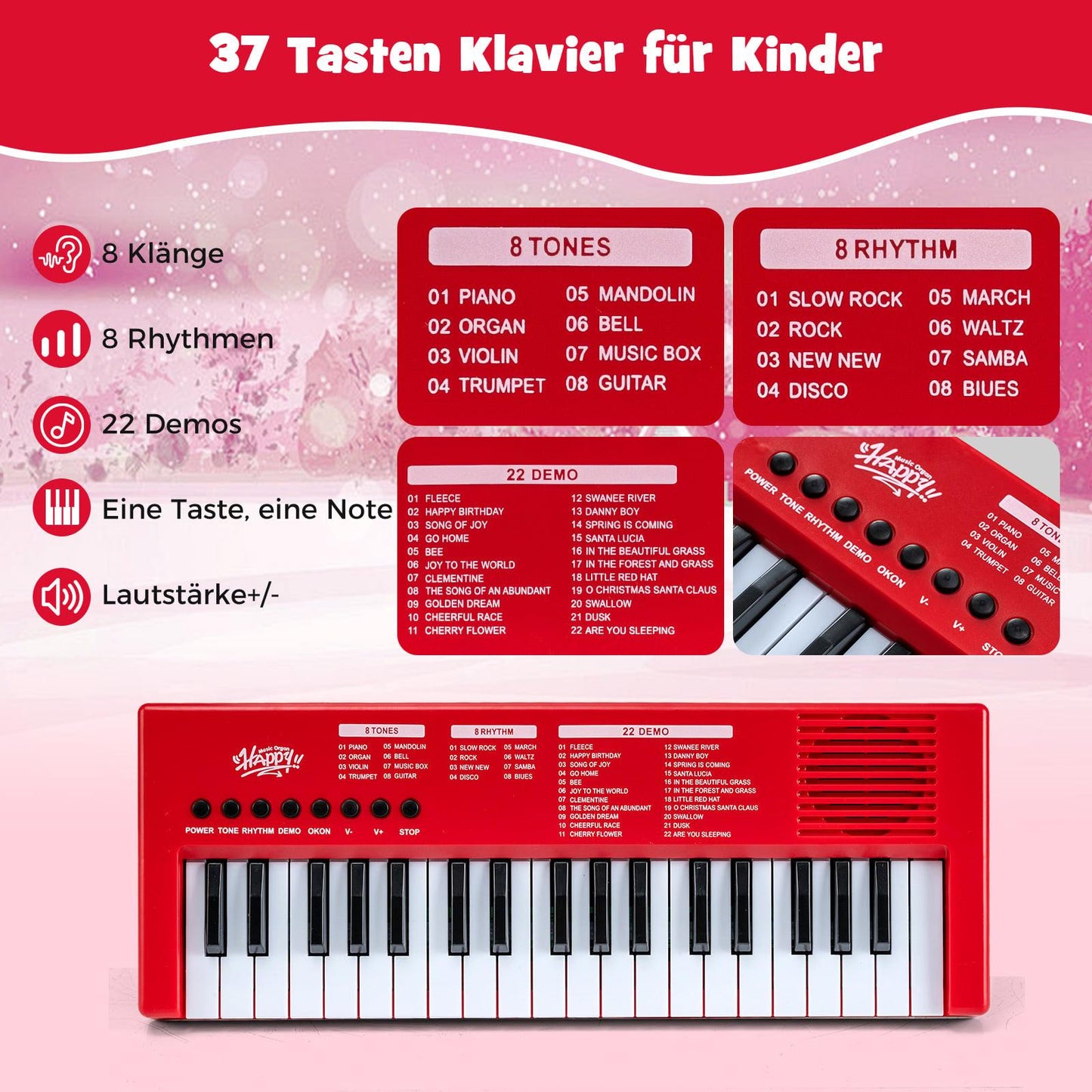 Kids Keyboard Piano, 37 Keys, 8 Rhythms, Red, with Mic