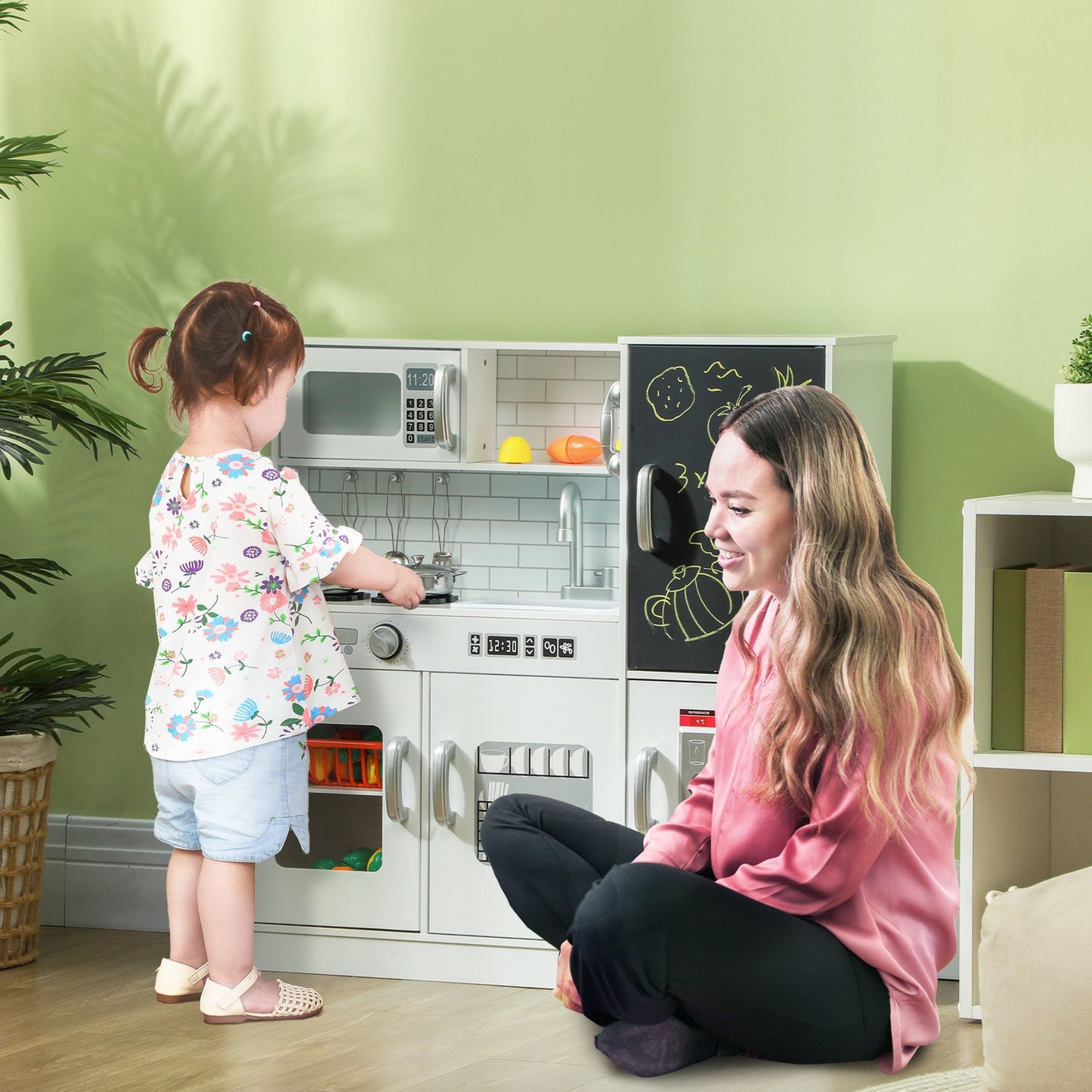 Kids Play Kitchen with Chalkboard, Microwave, Ice Maker