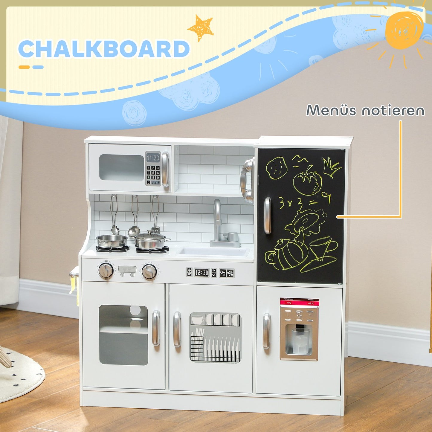 Kids Play Kitchen with Chalkboard, Microwave, Ice Maker