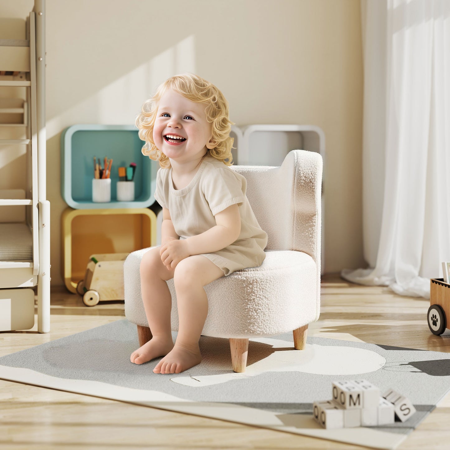 Kids' Plush Chair with Bear Ears, Fleece Cover, Beige