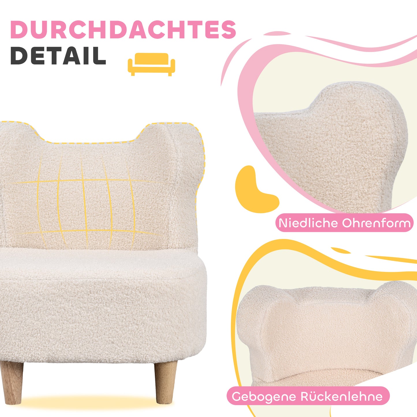 Kids' Plush Chair with Bear Ears, Fleece Cover, Beige