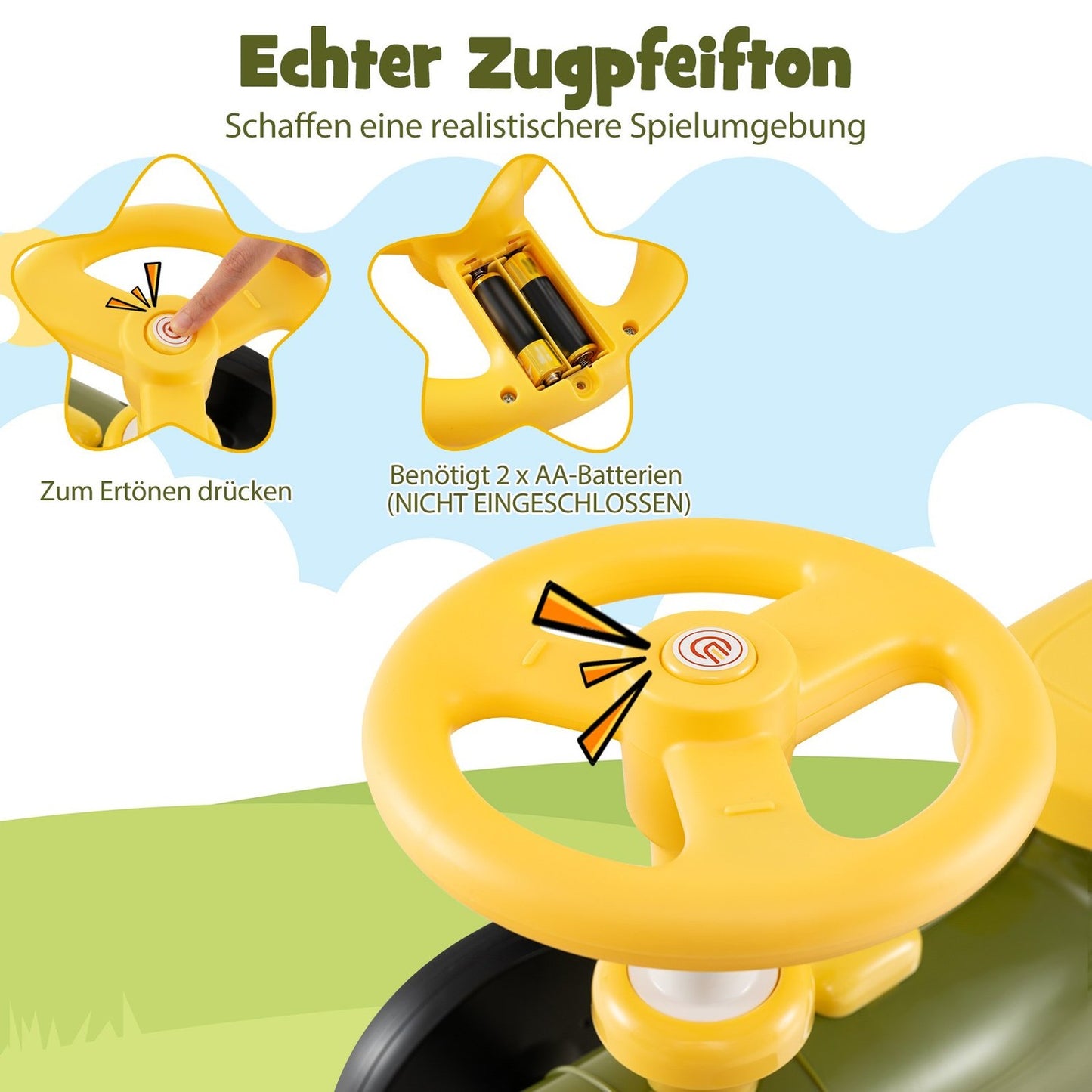 Kids Ride-On Train with Steering Wheel & Storage, Green
