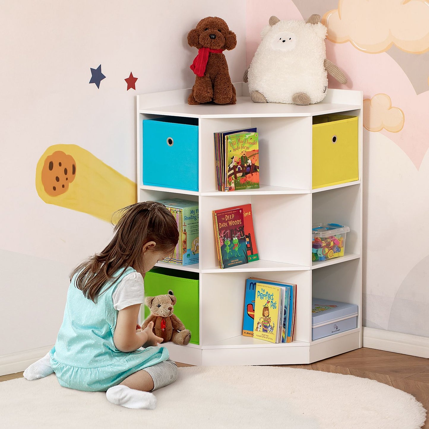 Kids Storage Shelf, 3 Fabric Drawers, MDF, White