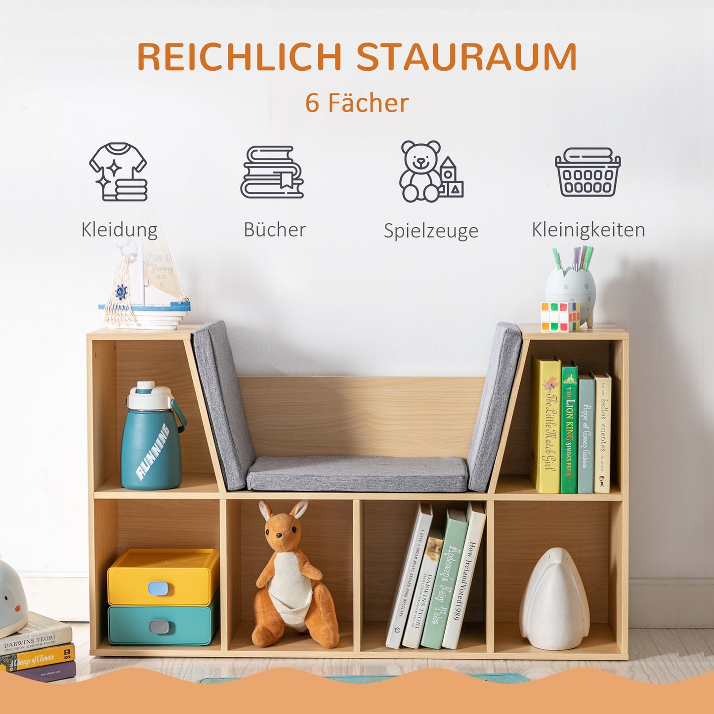 Kids Storage Shelf and Bench with Cushion, 103 x 30 x 62 cm