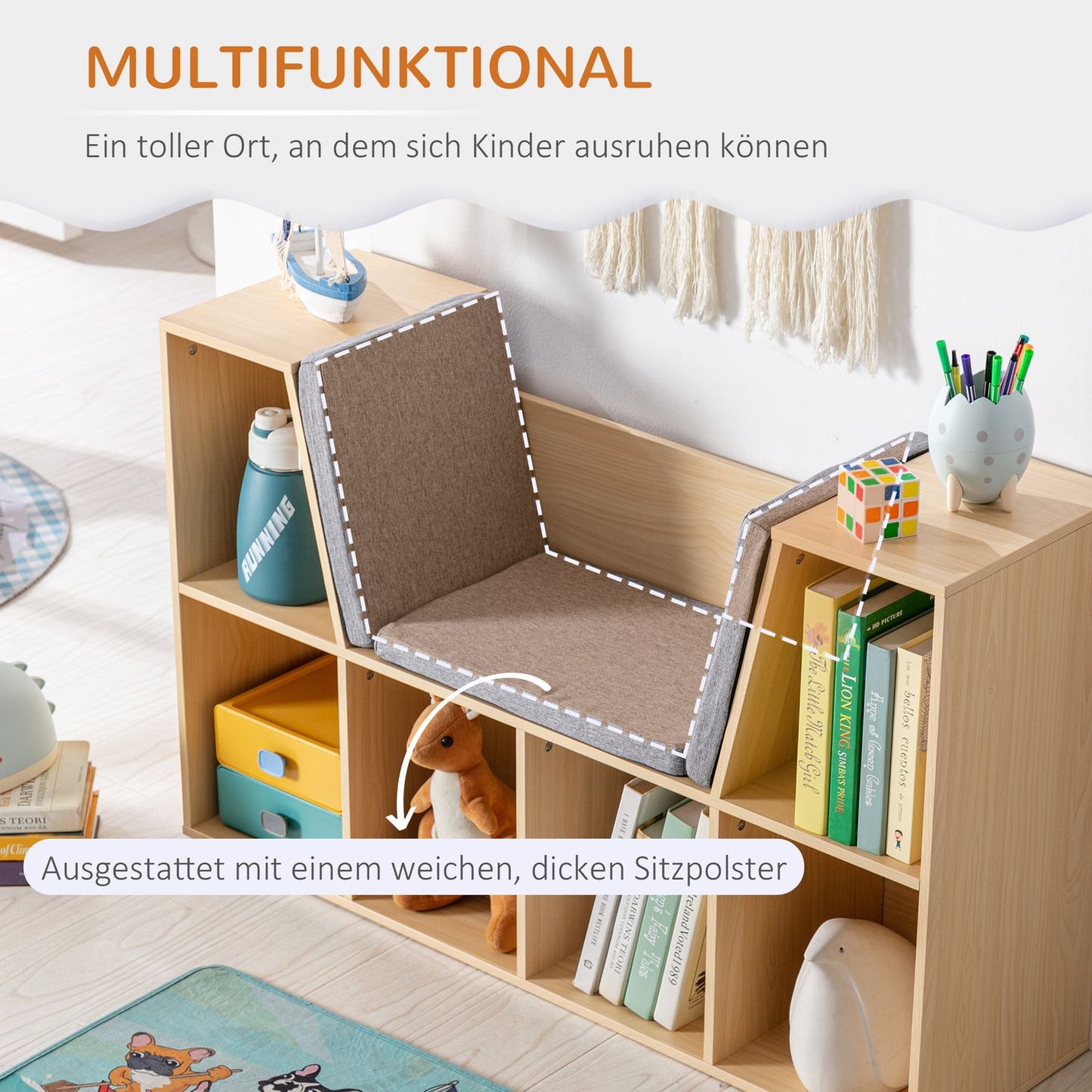 Kids Storage Shelf and Bench with Cushion, 103 x 30 x 62 cm