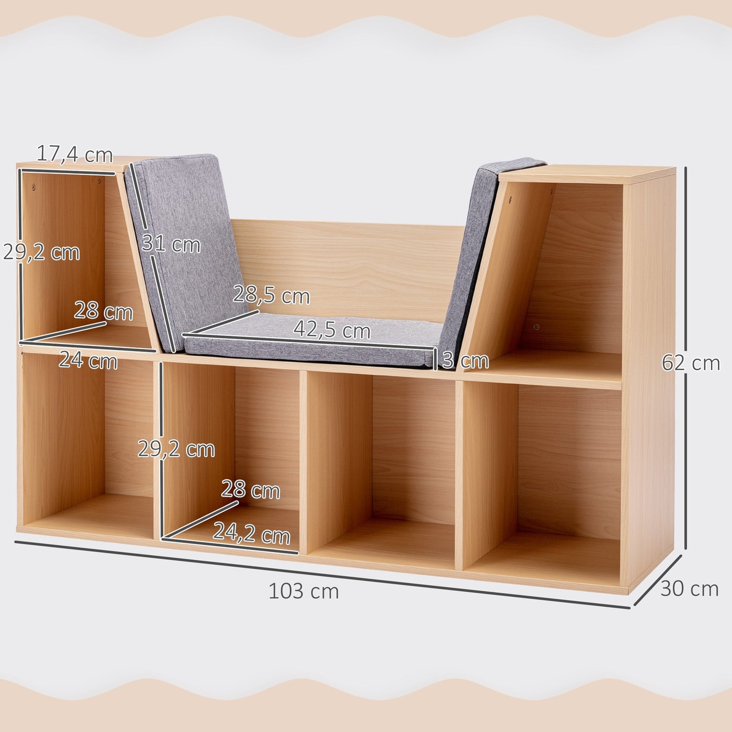 Kids Storage Shelf and Bench with Cushion, 103 x 30 x 62 cm