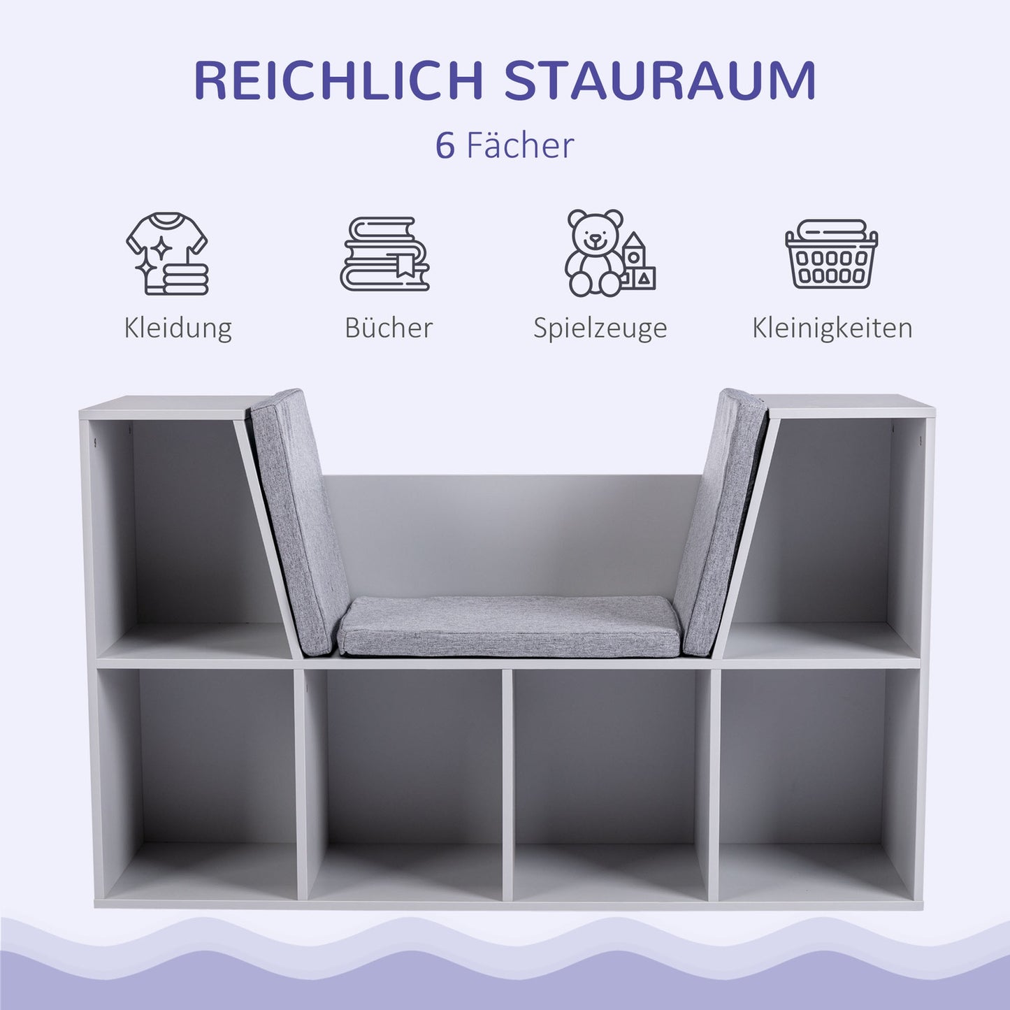 Kids Storage Shelf and Bench with Cushion, White/Grey