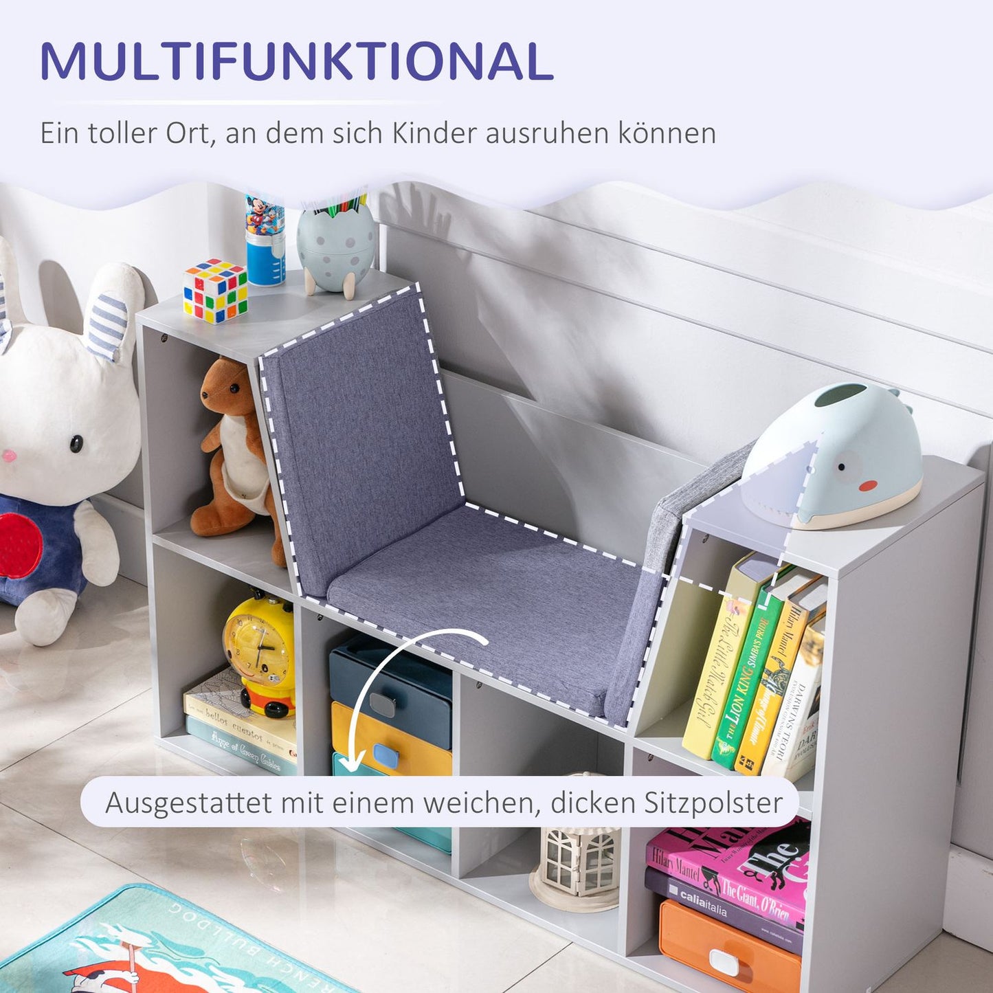 Kids Storage Shelf and Bench with Cushion, White/Grey