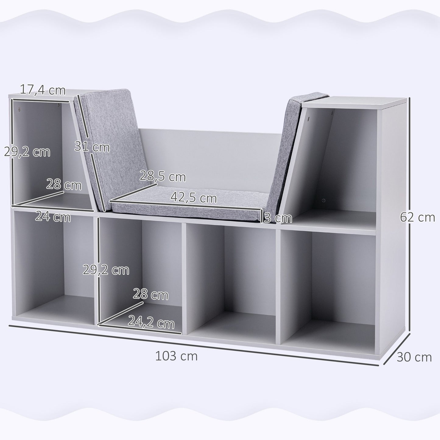 Kids Storage Shelf and Bench with Cushion, White/Grey