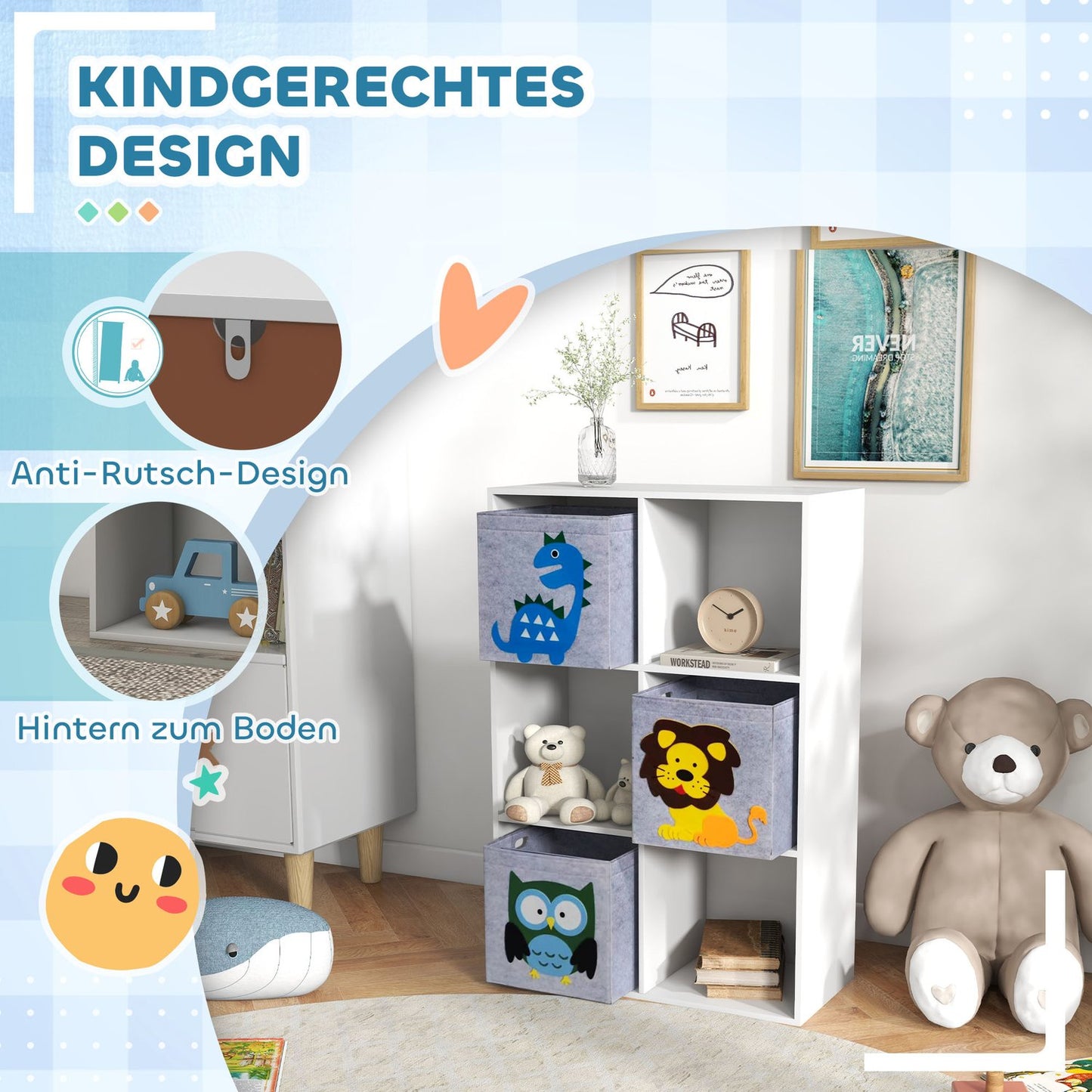 Kids Storage Shelf with Cubes and Drawers, MDF, White