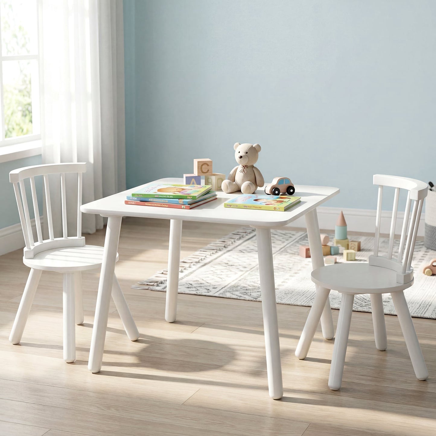 Kids Table and 2 Chairs Set, White, Wood, Ergonomic Design