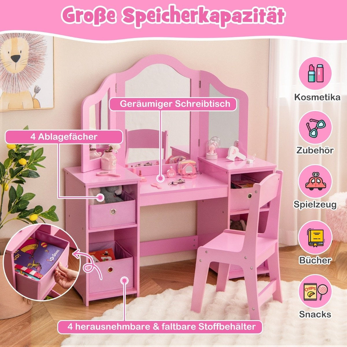 Kids Vanity & Desk Set, 2-in-1 with Removable Mirror