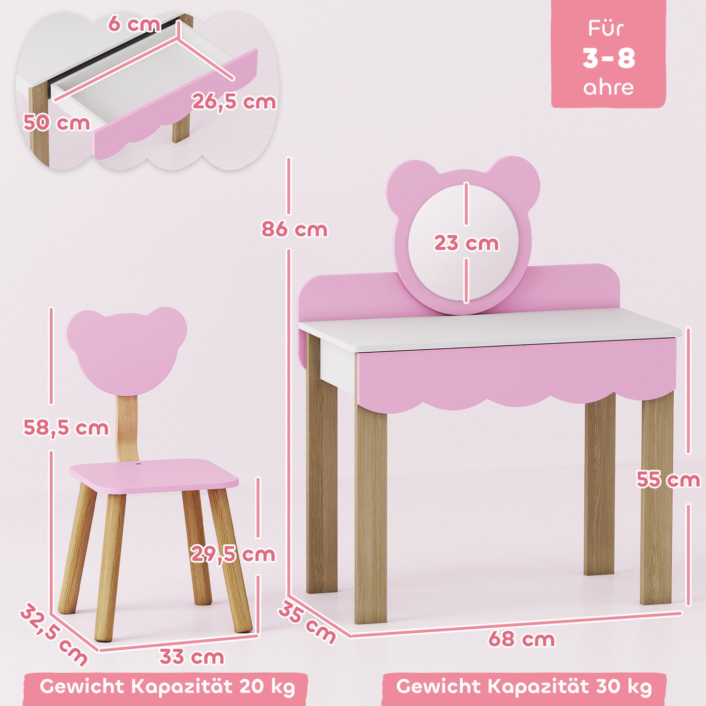 Kids Vanity Set with Stool, Bear Mirror, Pink MDF