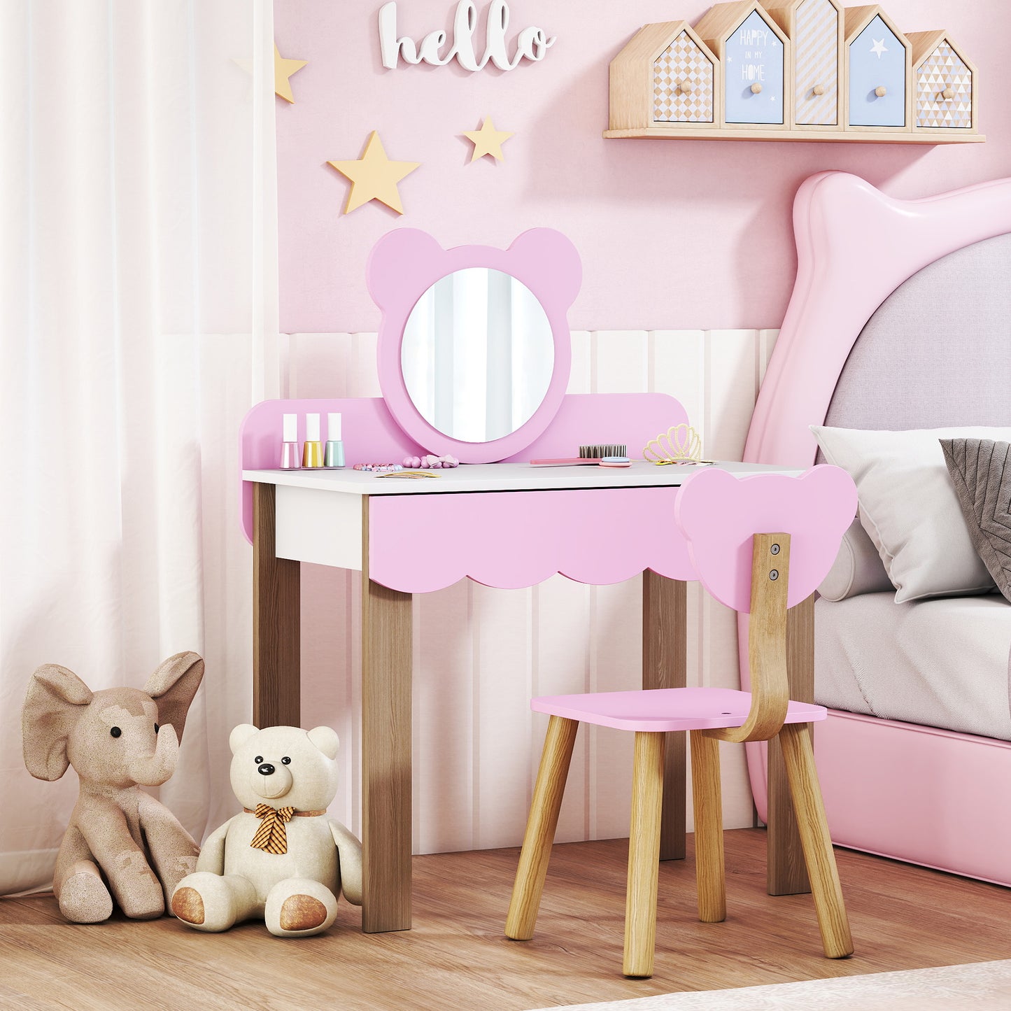 Kids Vanity Set with Stool, Bear Mirror, Pink MDF