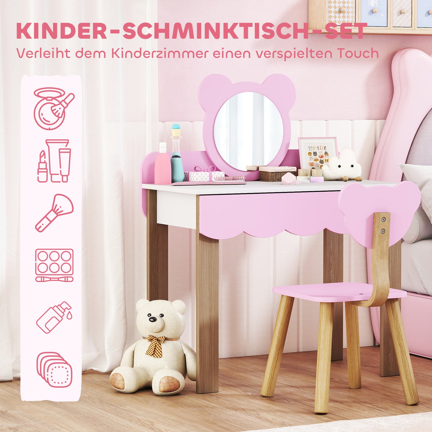 Kids Vanity Set with Stool, Bear Mirror, Pink MDF