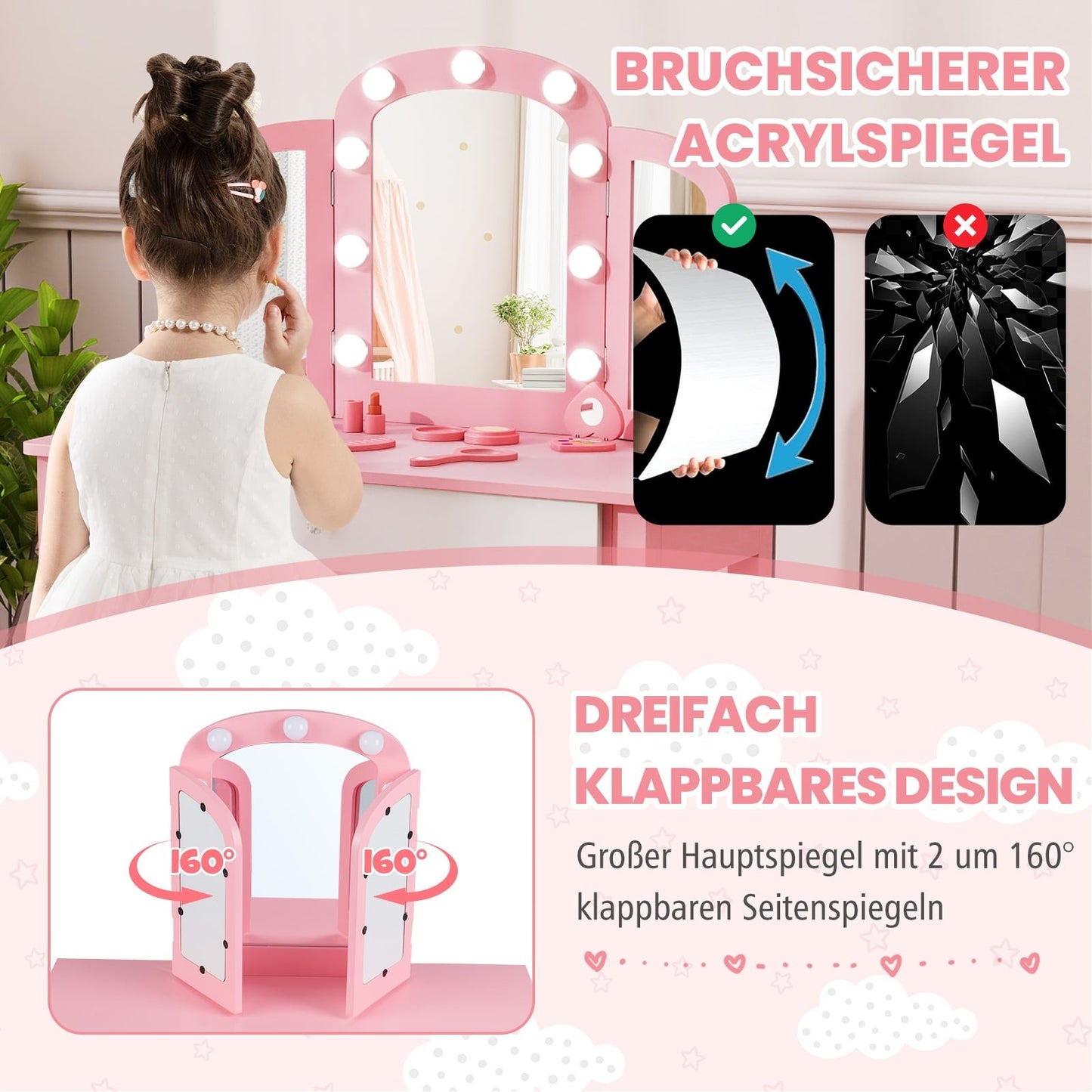 Kids Vanity Table Set – 2-in-1 Design, LED Lights, White