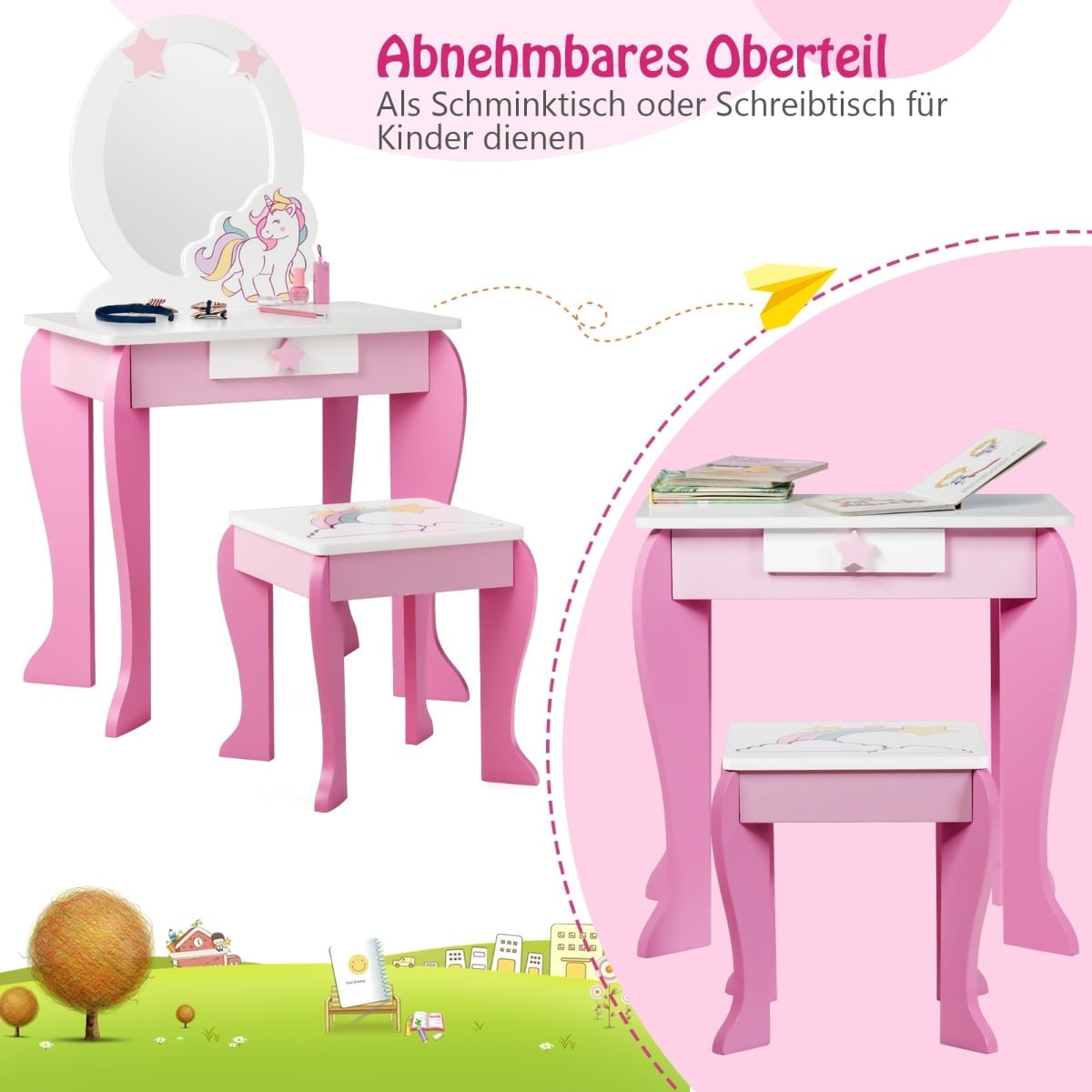 Kids Vanity Table with Stool, Removable Mirror & Drawer