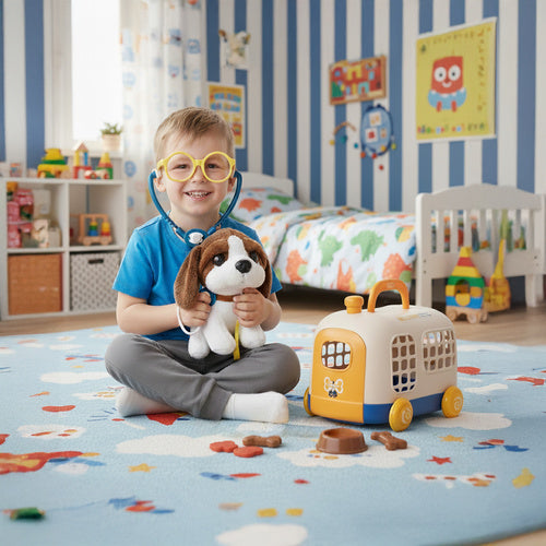 Kids Vet Play Set with Carrier, Plush Dog & Tools