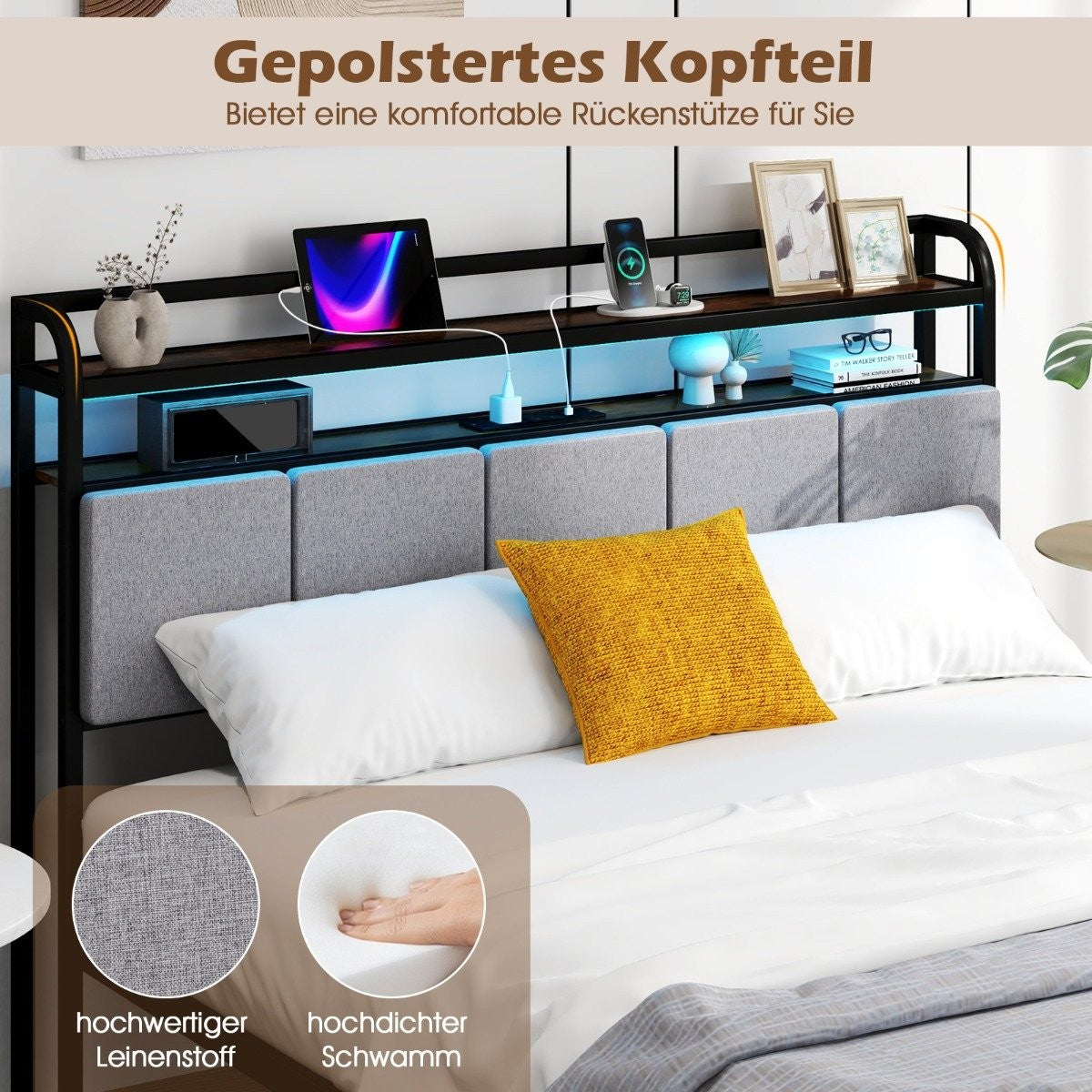 King Size Bed Frame with LED Light & Charging Station & Padded Headboard Metal Frame Bed Frame