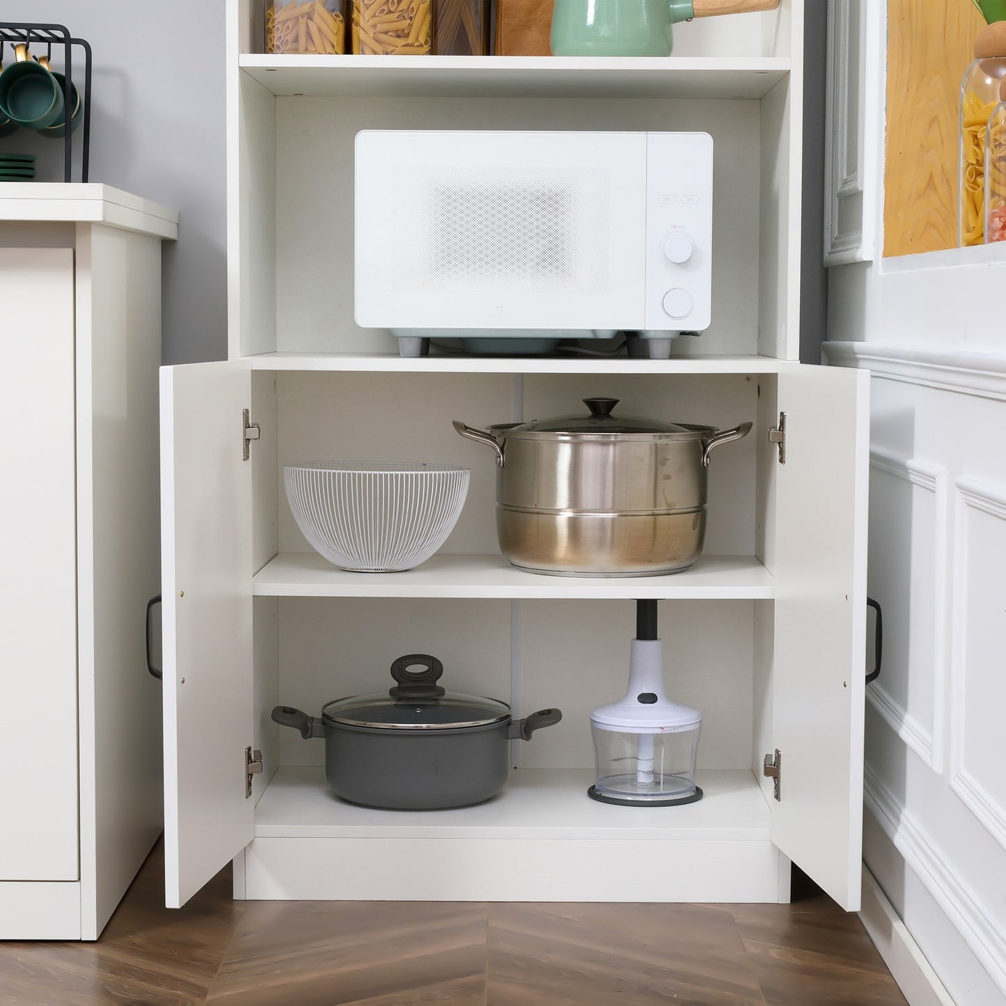 High kitchen buffet cabinet, adjustable shelves, microwave