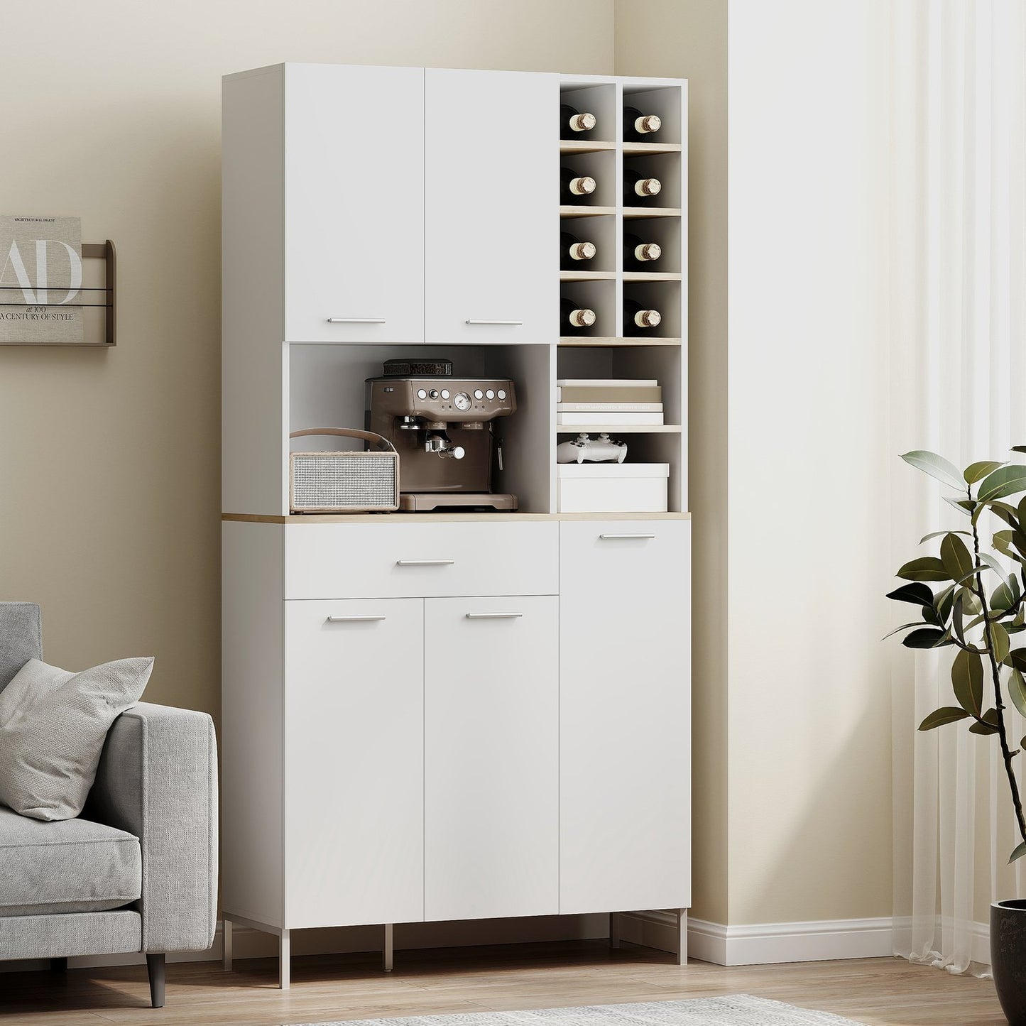 Kitchen Cabinet with Open Shelves, Wine Rack, White MDF