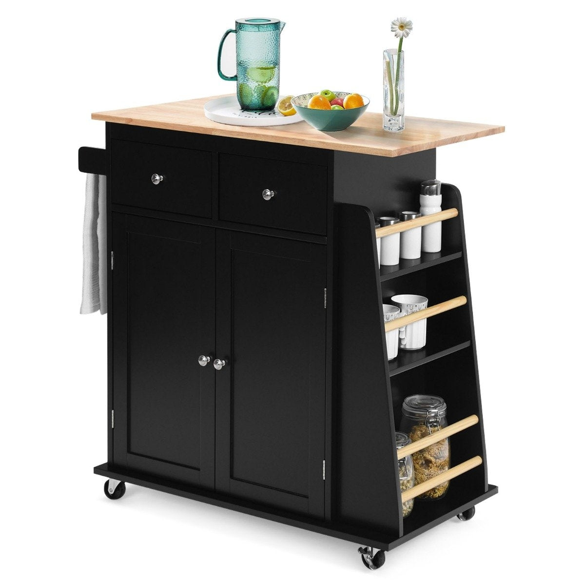 Kitchen Island with Storage Rolling Rubberwood Serving Trolley 88 x 46 x 89.5 cm Black