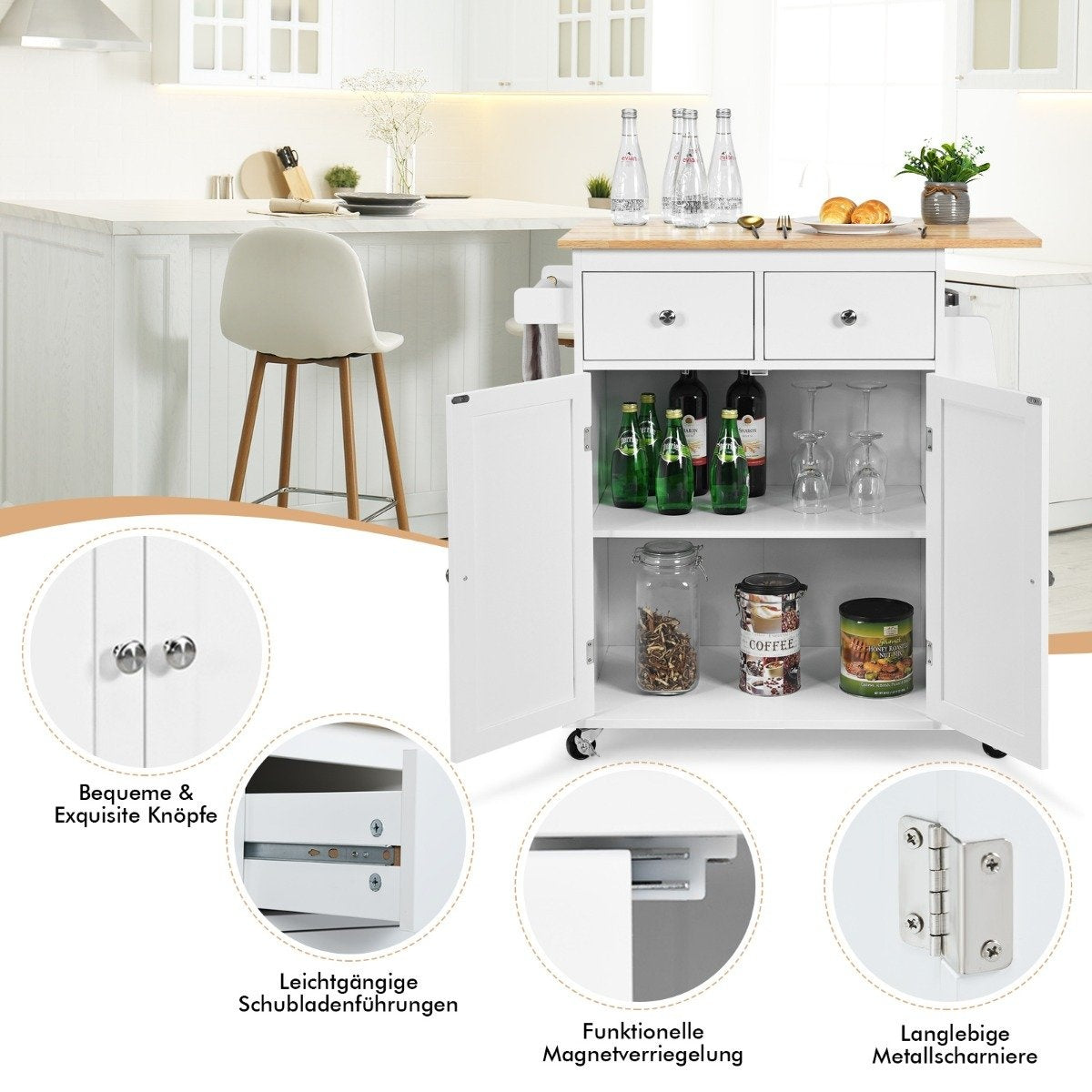 Kitchen Island with Storage Rolling Rubberwood Serving Trolley 88 x 46 x 89.5 cm White