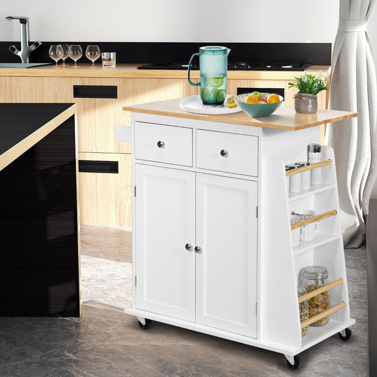 Kitchen Island with Storage Rolling Rubberwood Serving Trolley 88 x 46 x 89.5 cm White