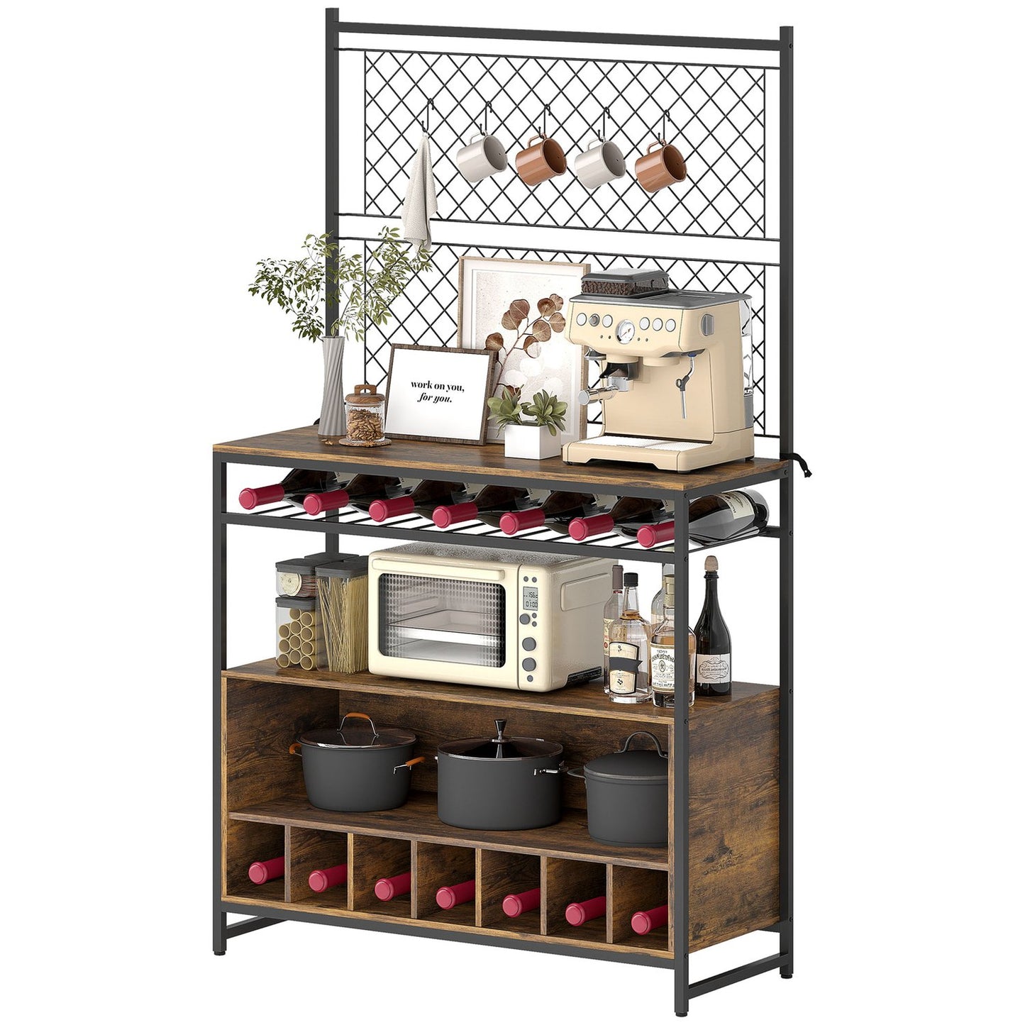 Kitchen Shelf with Hooks and Wine Rack, Rustic Brown